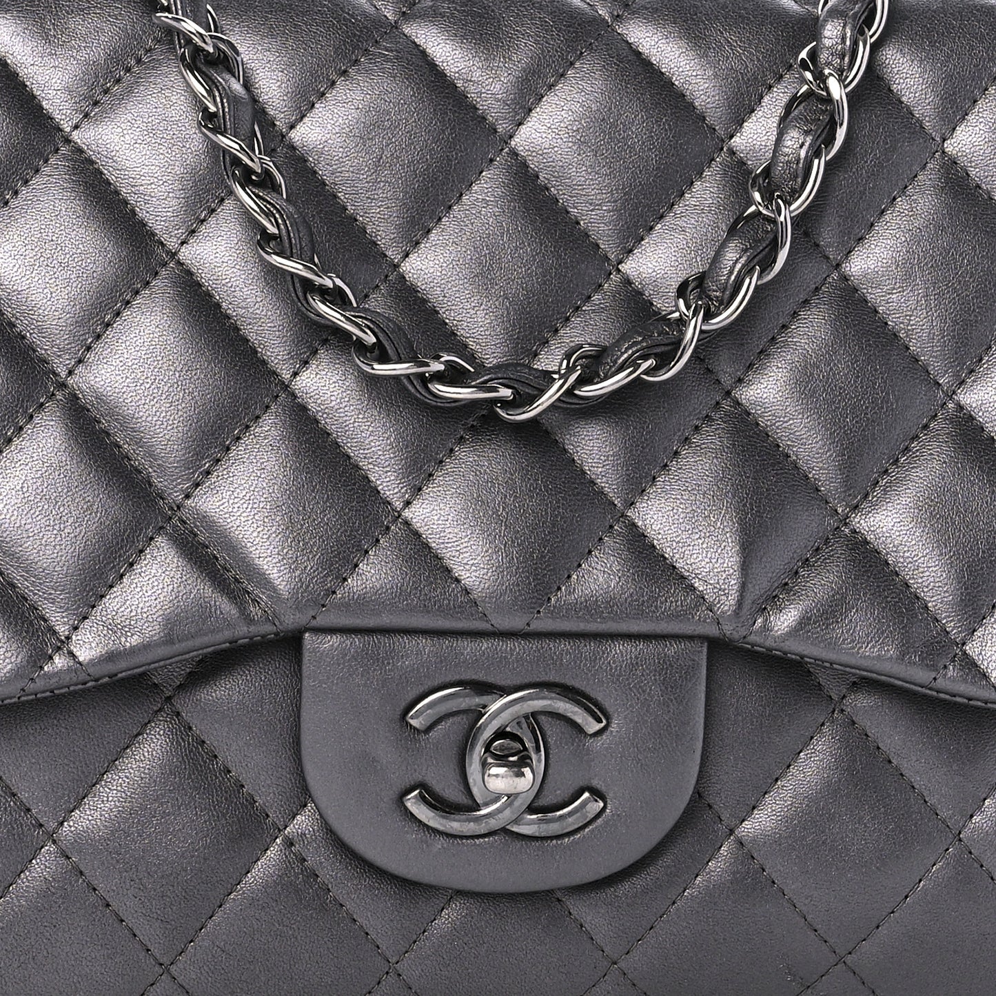 Metallic Lambskin Quilted Jumbo Single Flap Dark Grey