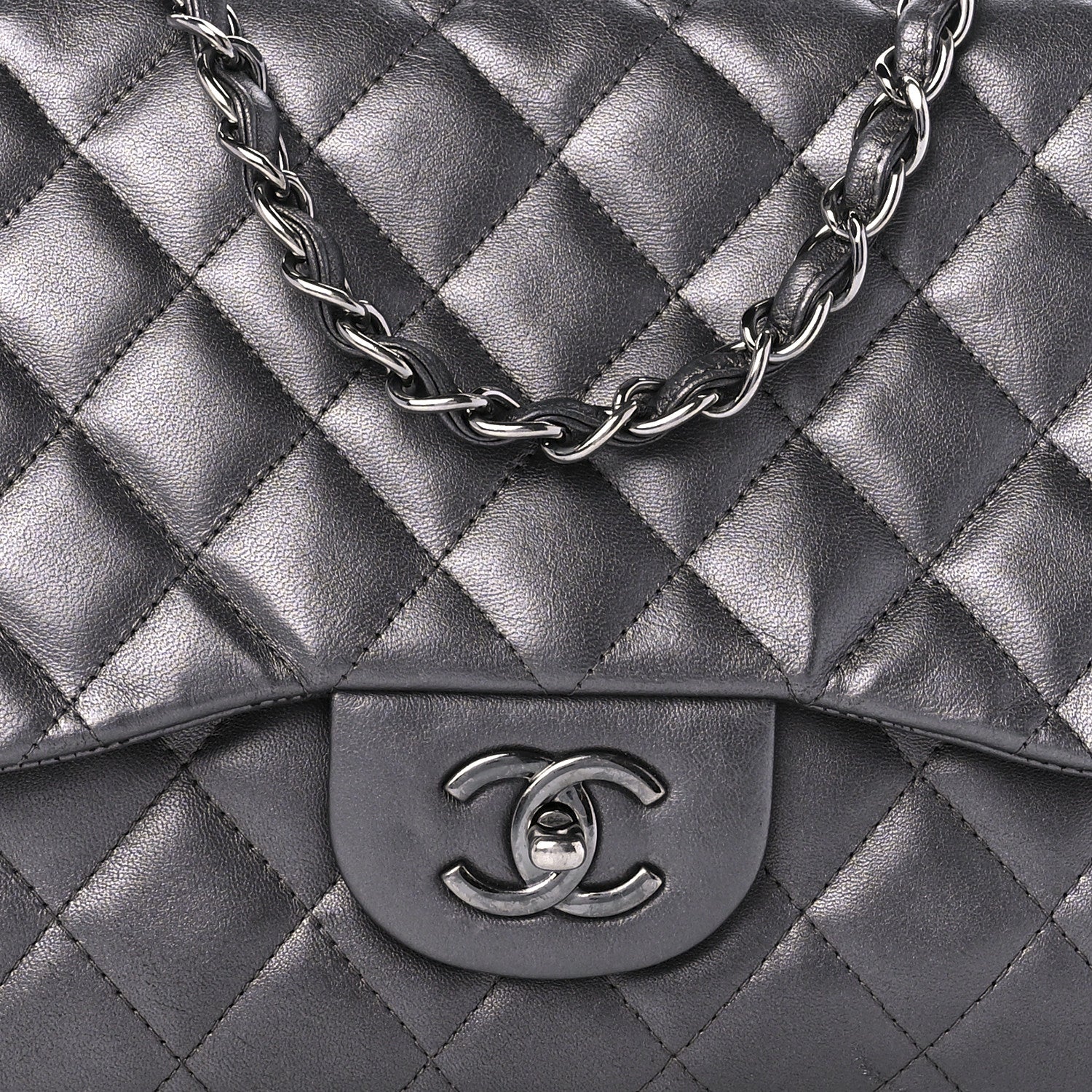 Chanel Metallic Lambskin Quilted Jumbo Single Flap Dark Grey 9 of 10