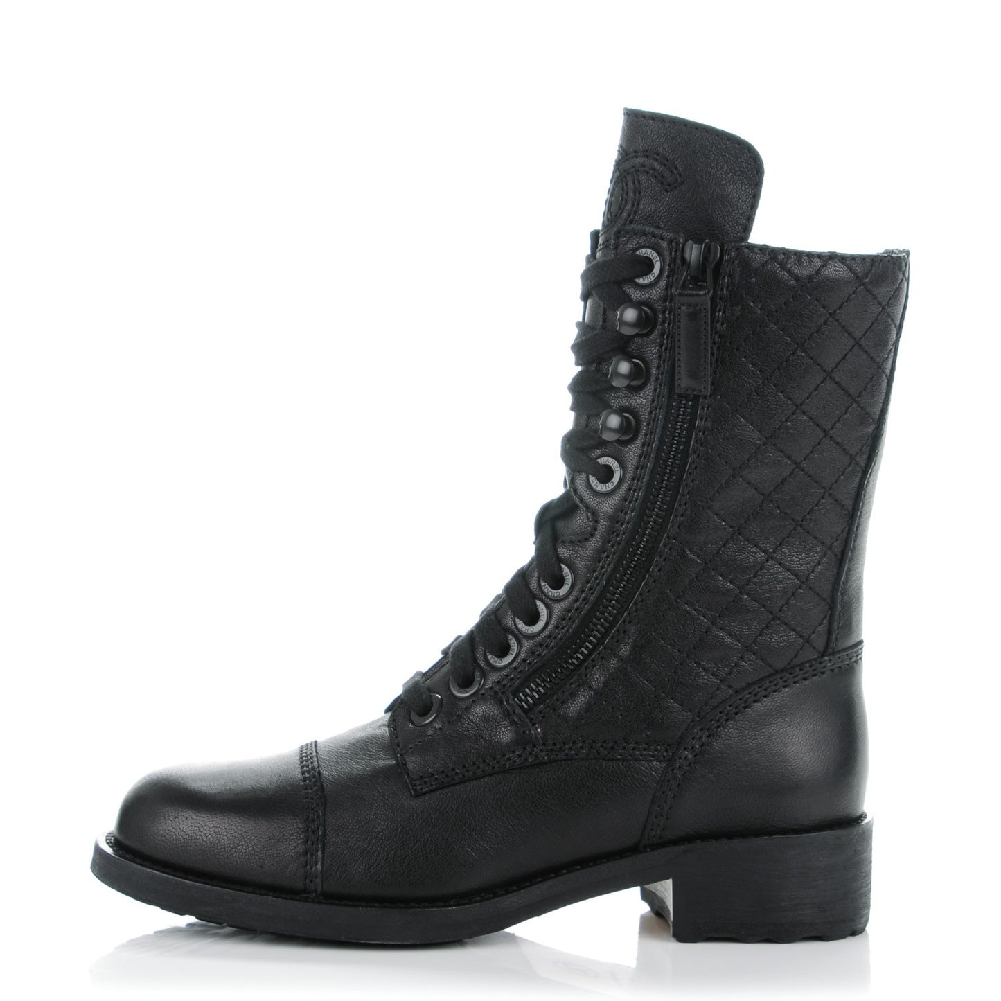 Sheepskin Quilted CC Tall Lace Up Combat Boots 35.5 Black