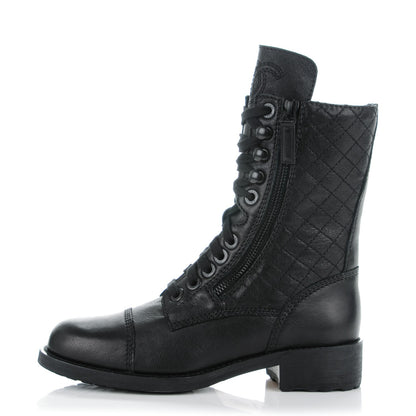 Chanel Sheepskin Quilted CC Tall Lace Up Combat Boots 35.5 Black 1 of 8