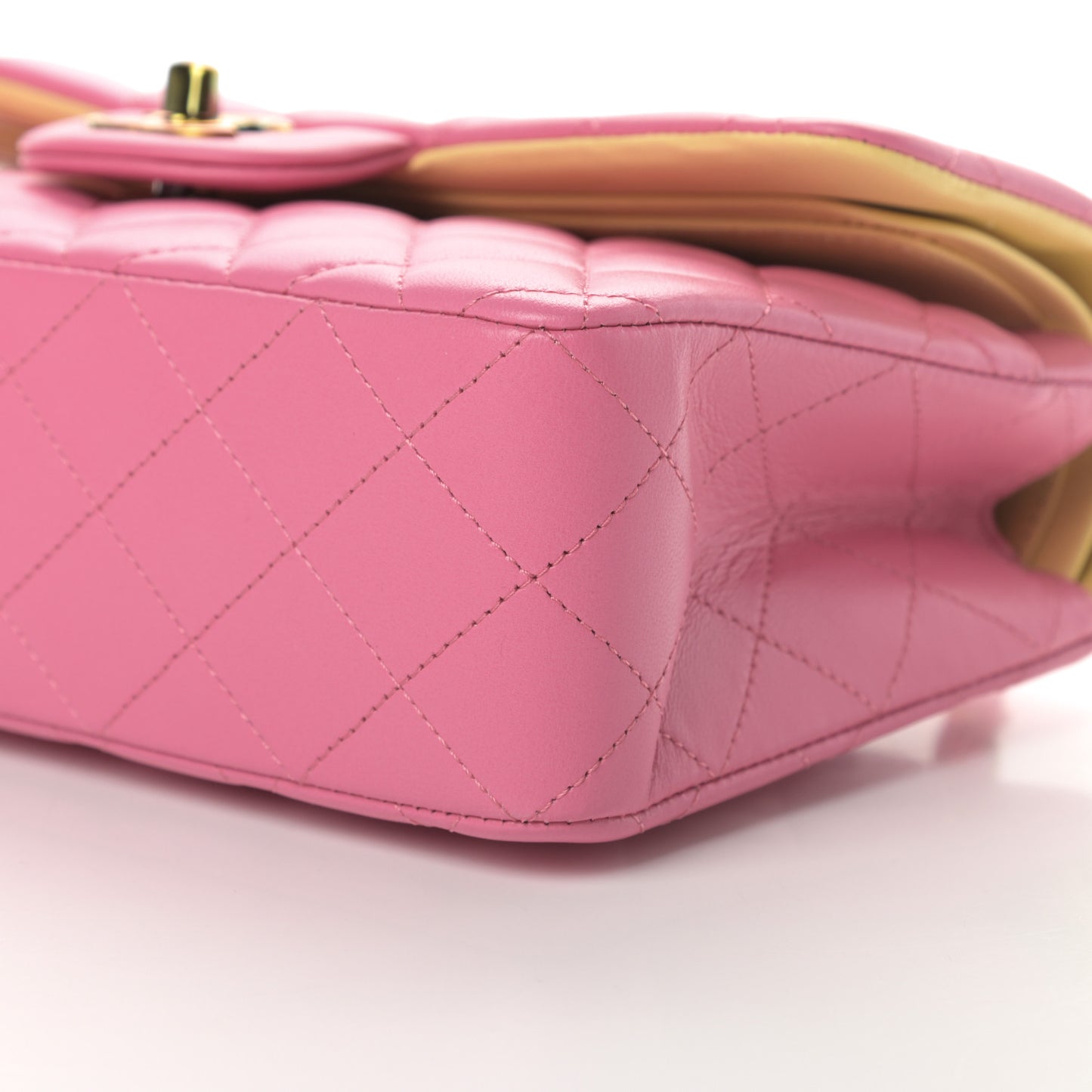 Lambskin Quilted Small Double Flap Pink Yellow