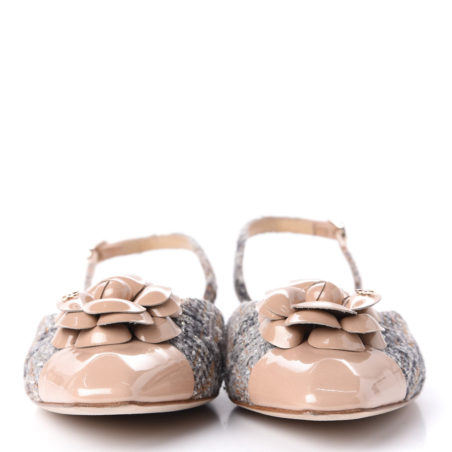 Chanel Tweed Patent Camellia Toe CC Slingback Pumps 39.5 Beige Gray 2 of 13