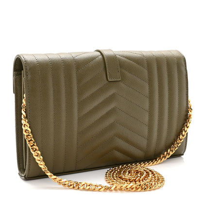 Saint Laurent Grain De Poudre Mixed Matelasse Triquilt Monogram Chain Wallet Kaki 2 of 8