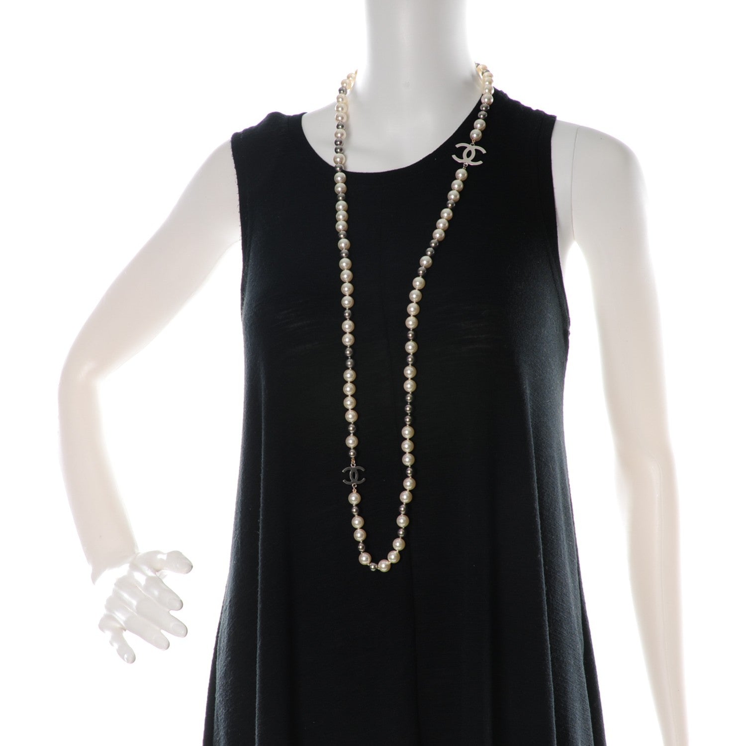 Chanel Graduated Pearl Crystal CC Long Necklace White Grey 2 of 4