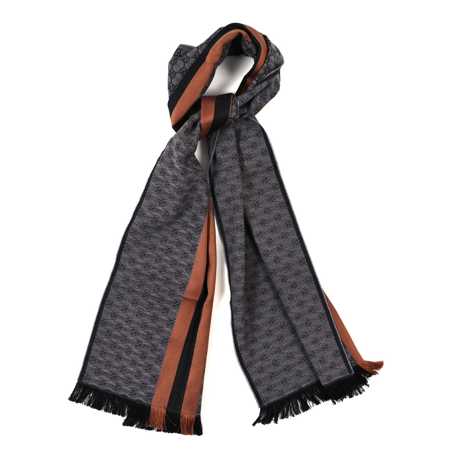 Gucci Wool Silk GG Monogram Web Verbier Fringe Scarf Light Brown Graphite 1 of 3