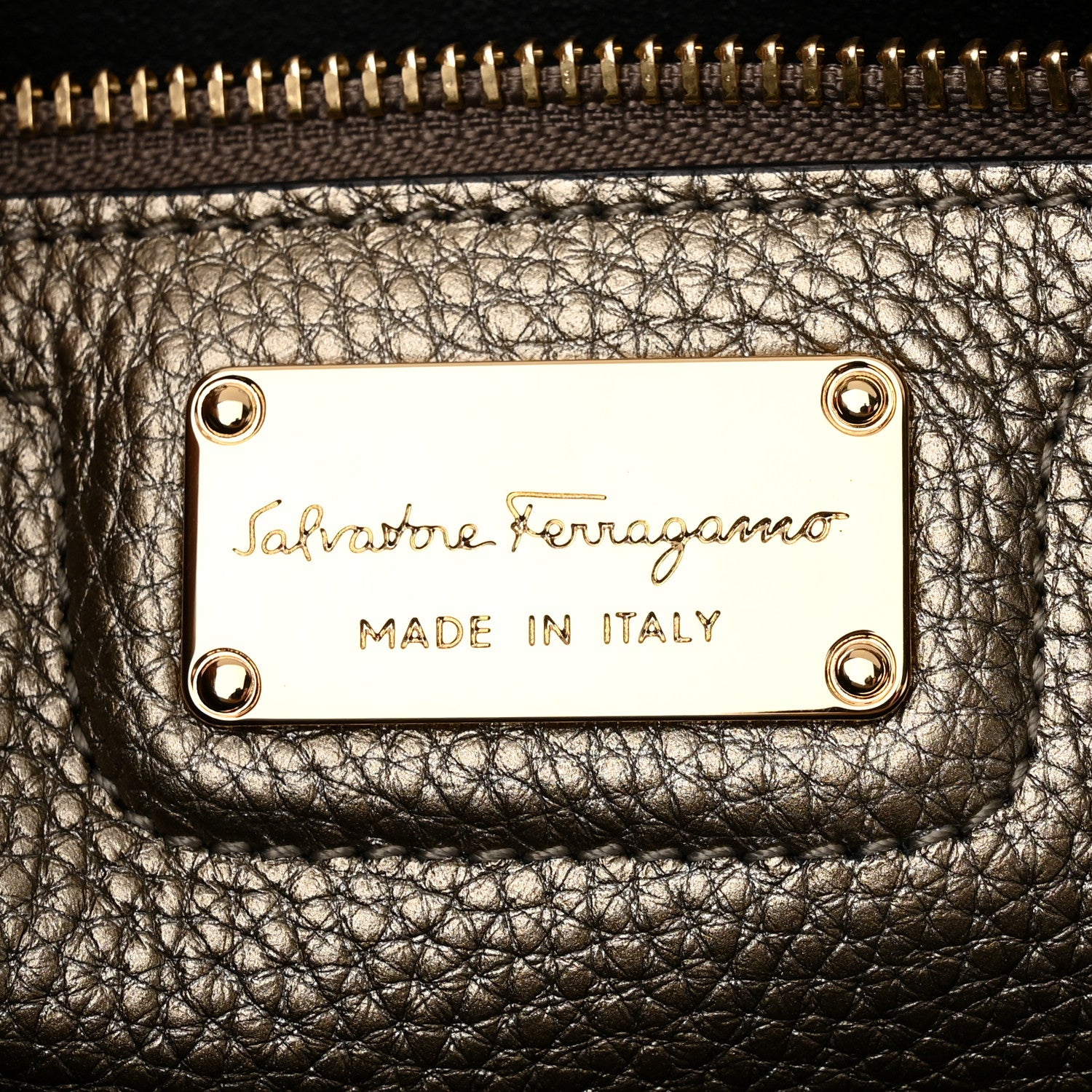 Salvatore Ferragamo Metallic Hammered Calfskin Double Handle Medium Amy Tote Graphite 6 of 9