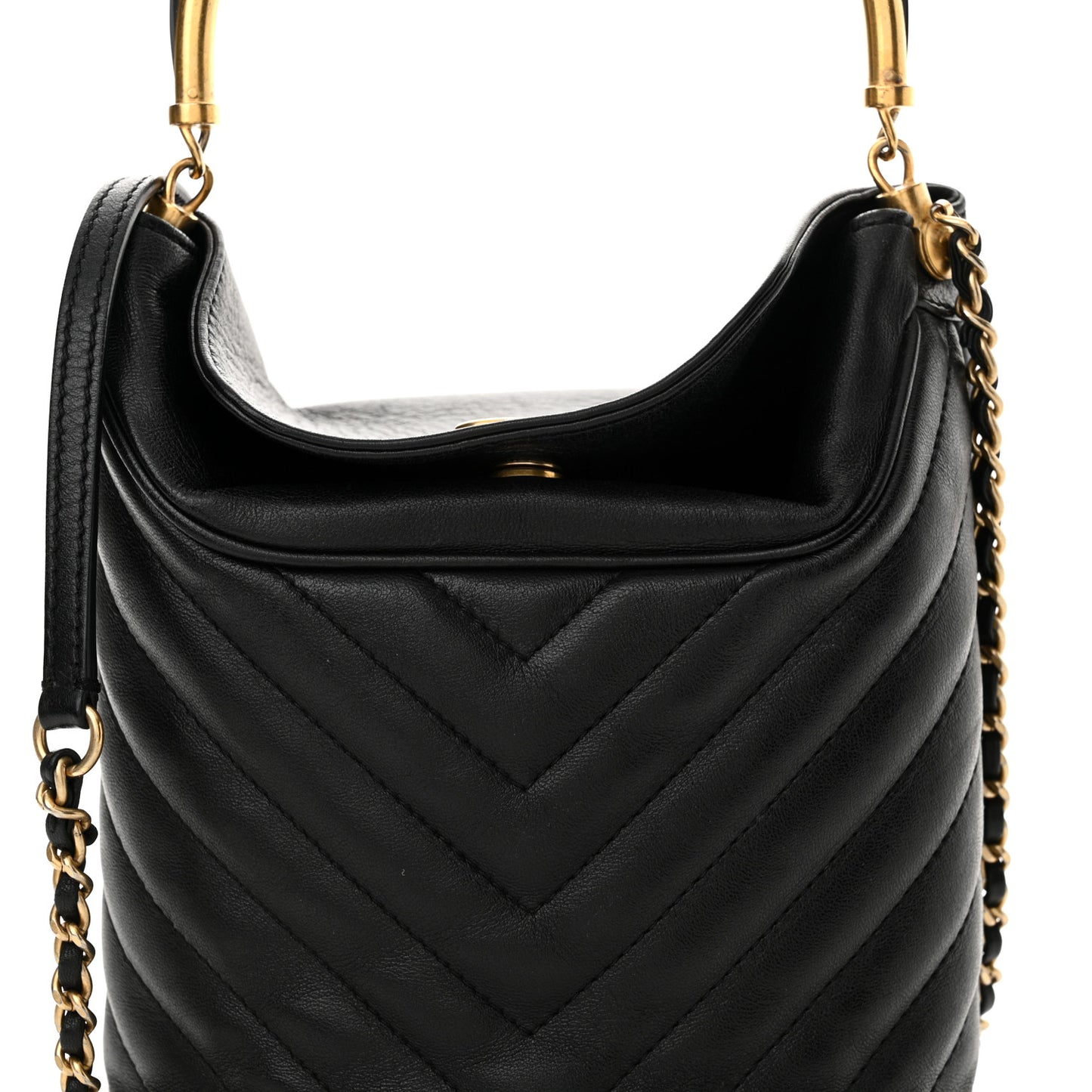 Lambskin Chevron Quilted Handle With Chic Bucket Bag Black