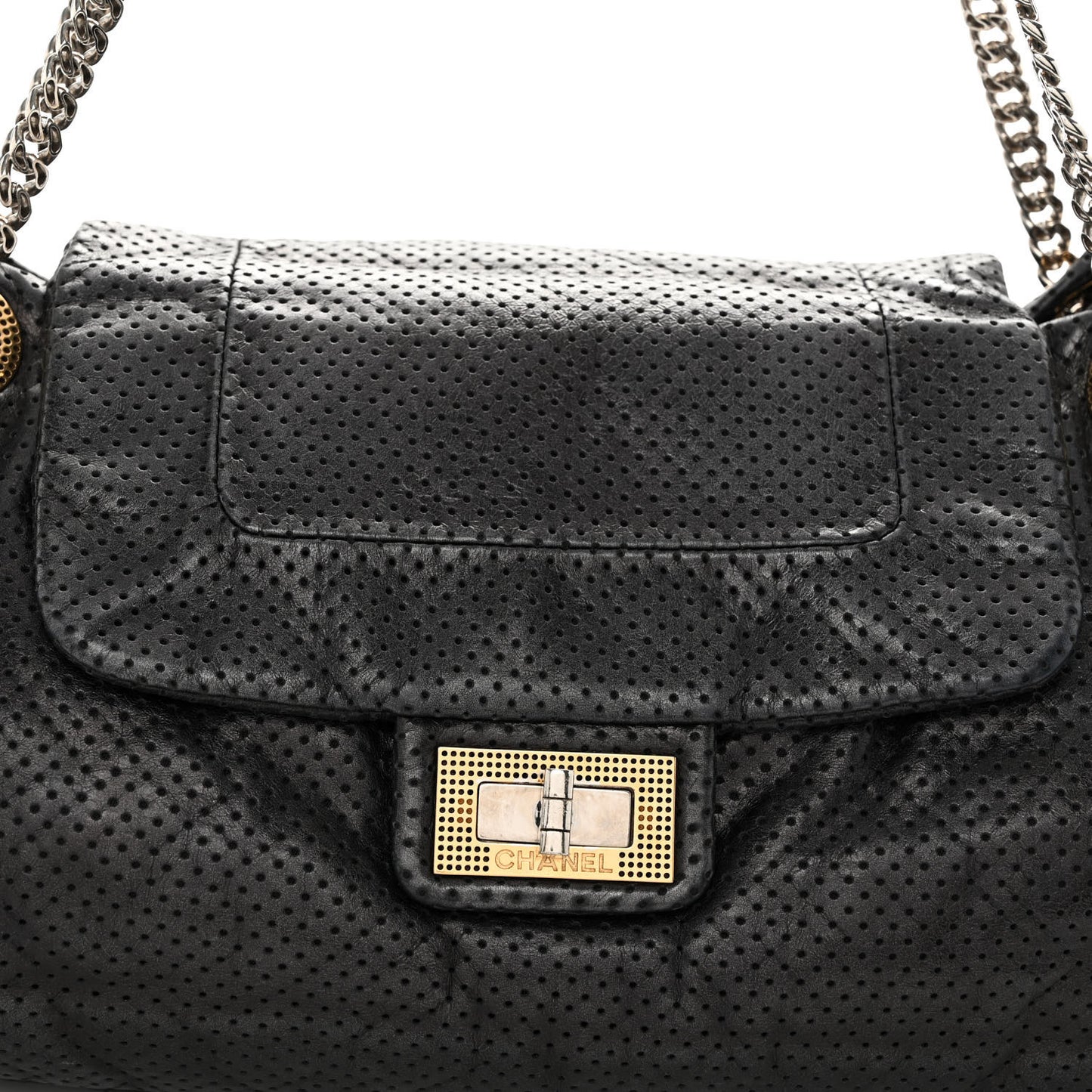 Calfskin Perforated Large Drill Accordion Flap Black
