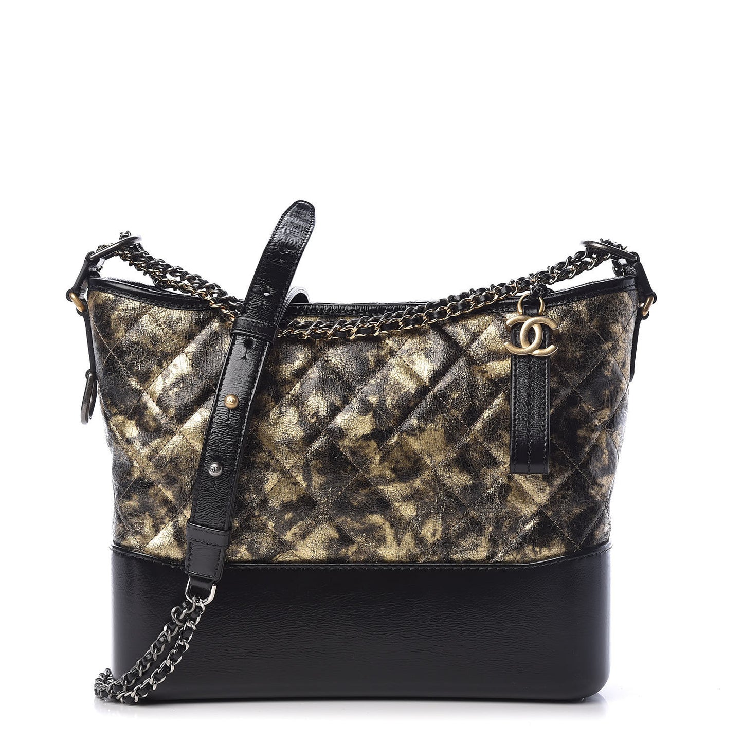 Metallic Crumpled Goatskin Quilted Medium Gabrielle Hobo Black Gold