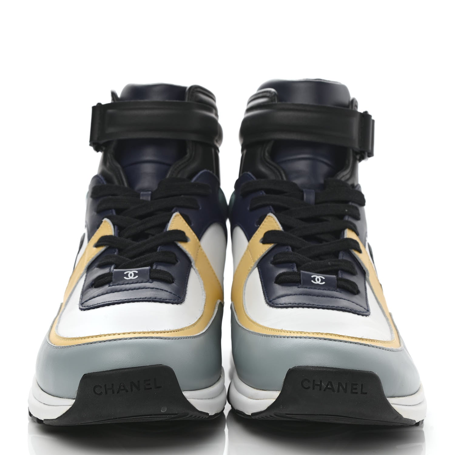 Chanel Calfskin Patent Lambskin Mens CC High Top Sneakers 45 White Yellow Navy Black 2 of 9