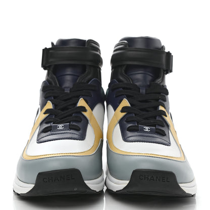 Chanel Calfskin Patent Lambskin Mens CC High Top Sneakers 45 White Yellow Navy Black 2 of 9