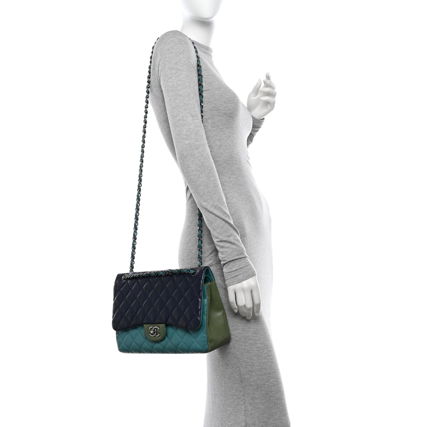 Lambskin Quilted Tri-Color Jumbo Double Flap Navy Blue Green