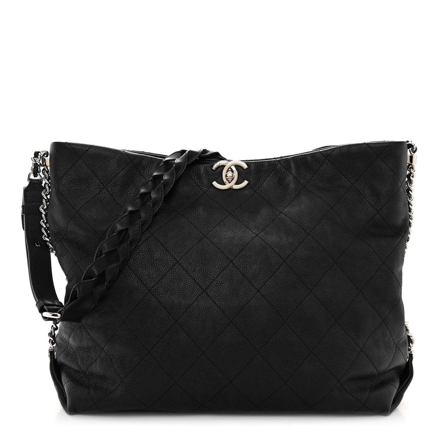 Grained Calfskin Stitched Medium Braided With Style Hobo Black