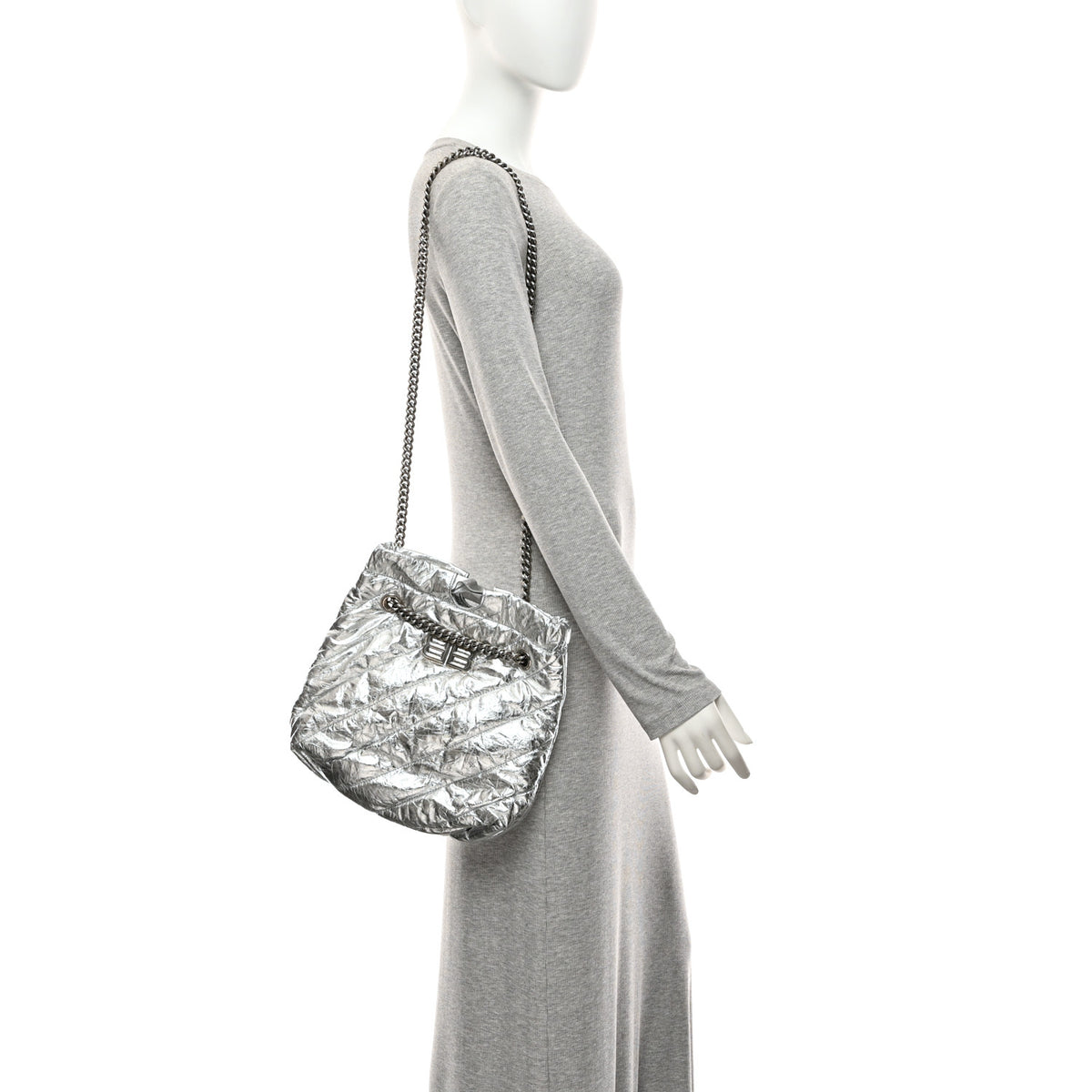 Crushed Calfskin Quilted Crush Small Tote Bag Silver