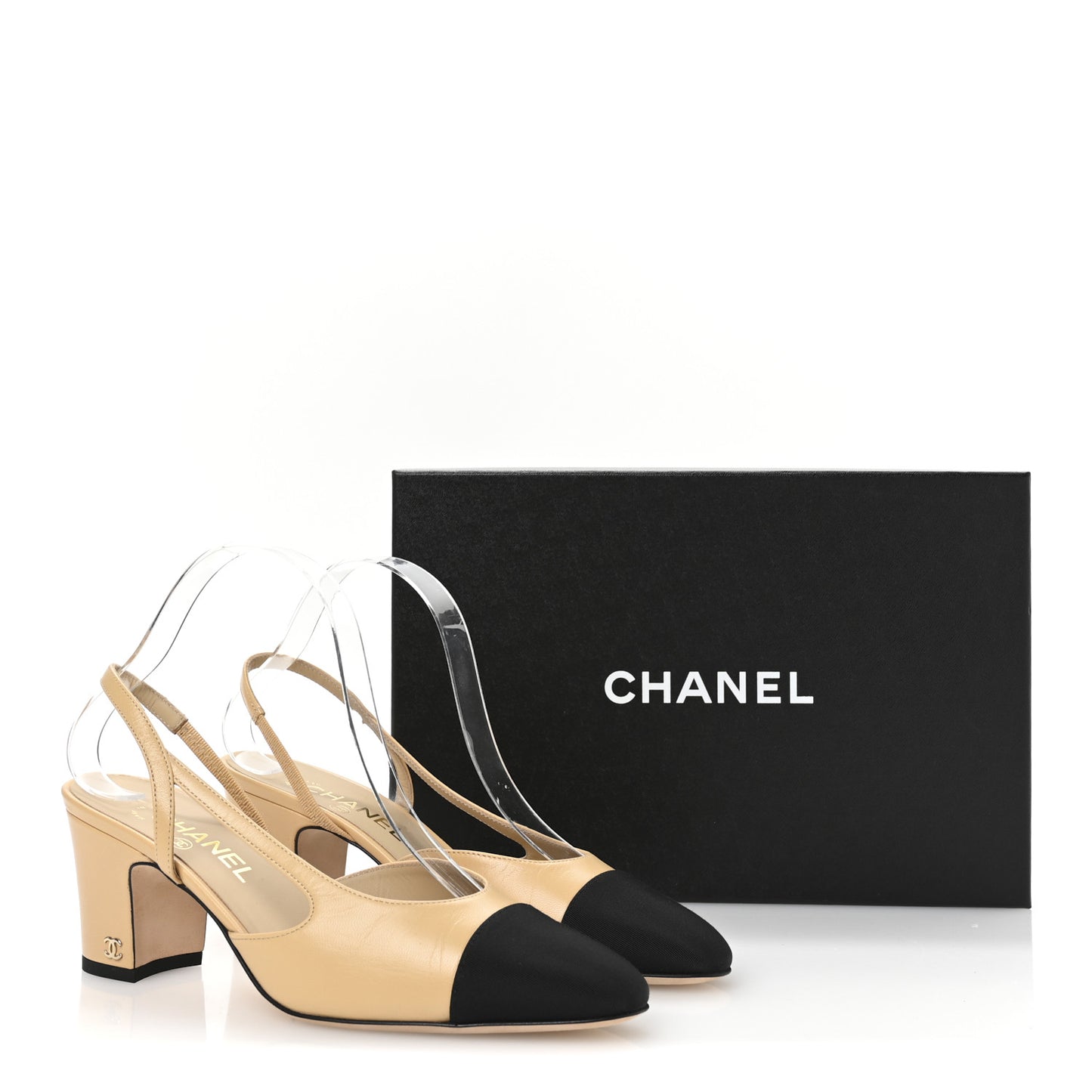 Goatskin Grosgrain Cap Toe CC Slingback Pumps 39 Beige Black