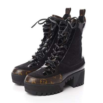 Louis Vuitton Suede Calfskin Monogram Laureate Platform Desert Boots 35 Black 3 of 9