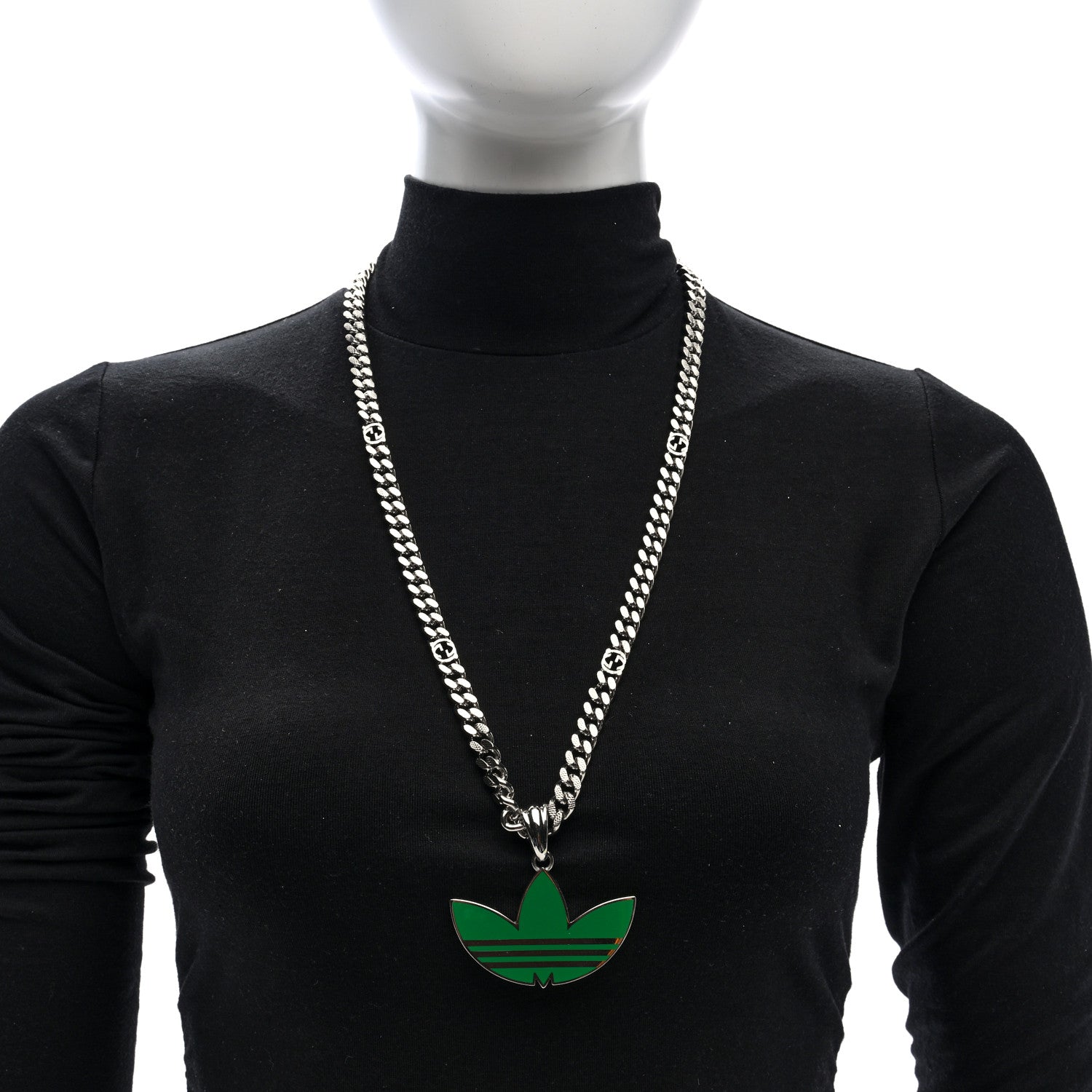 Gucci X ADIDAS Enamel Trefoil Gourmette Pendant Necklace Silver Green 2 of 5