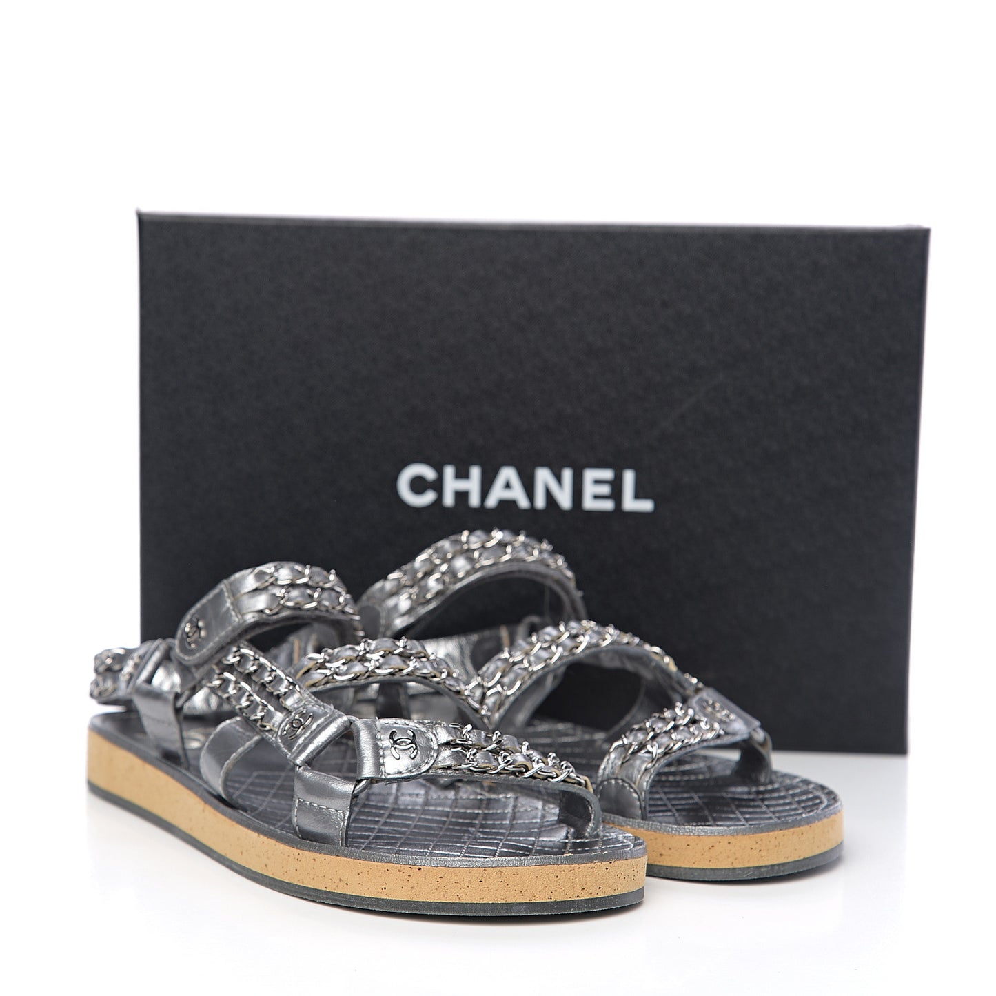 Metallic Calfskin Chain Flat Sandals 40 Silver