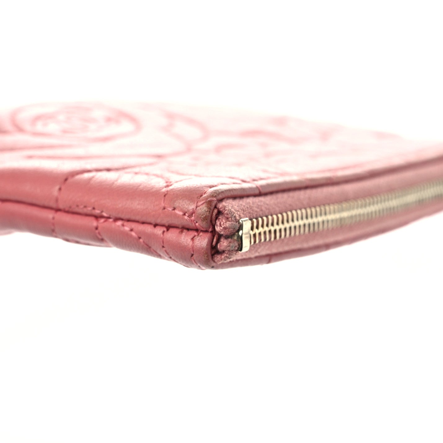 Lambskin Camellia Embossed Cosmetic Pouch Pink