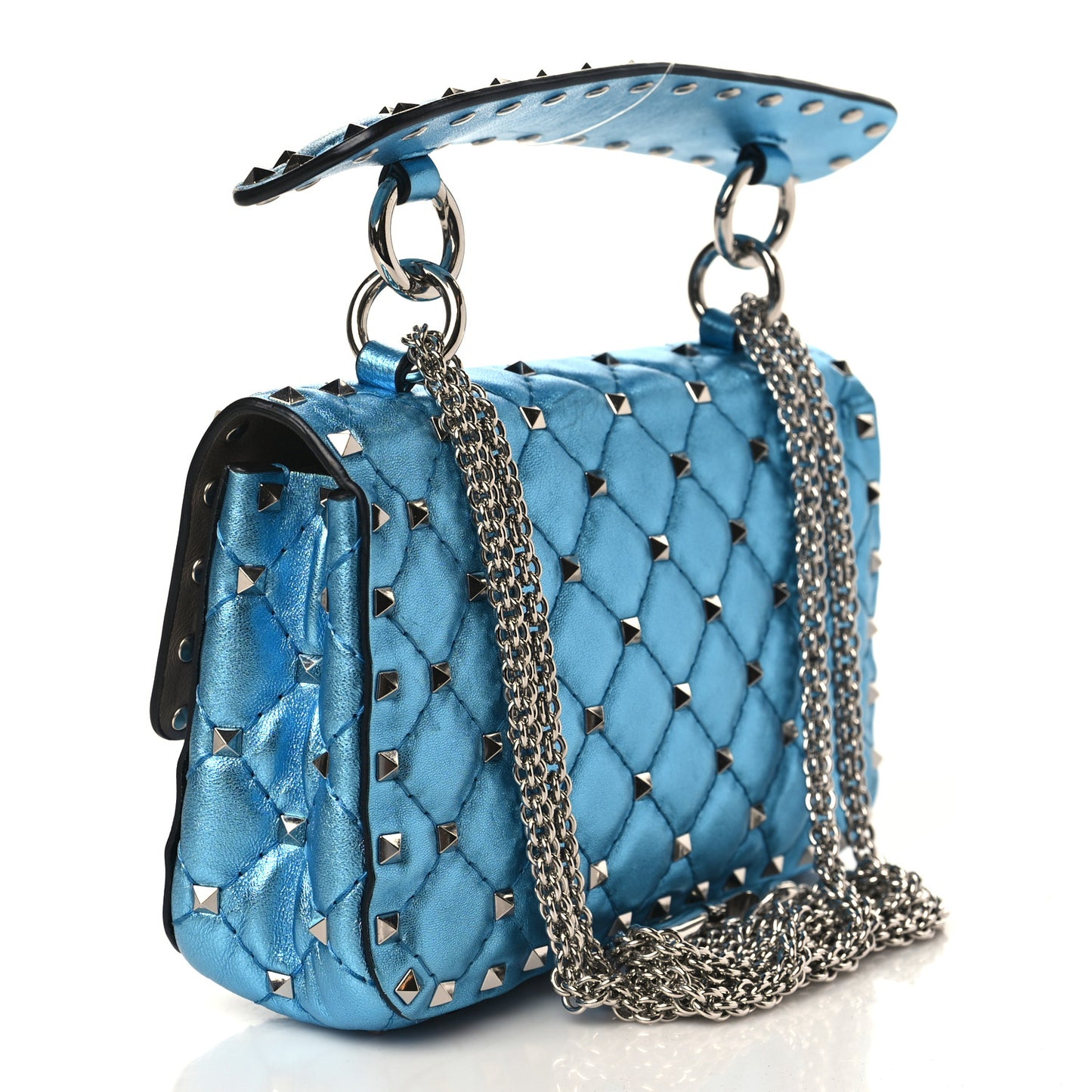 Metallic Nappa Small Rockstud Spike Shoulder Bag Cerulean