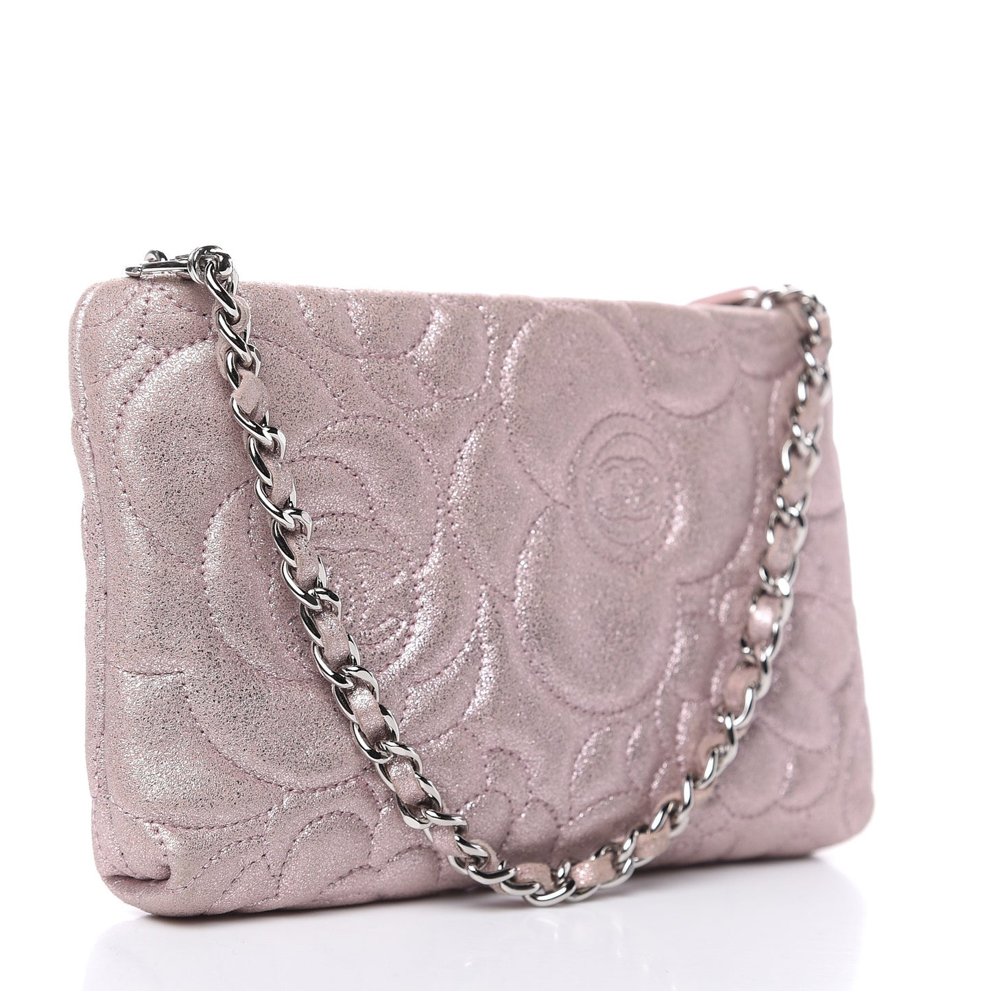 Metallic Goatskin Camellia Embossed Clutch Bag Pink