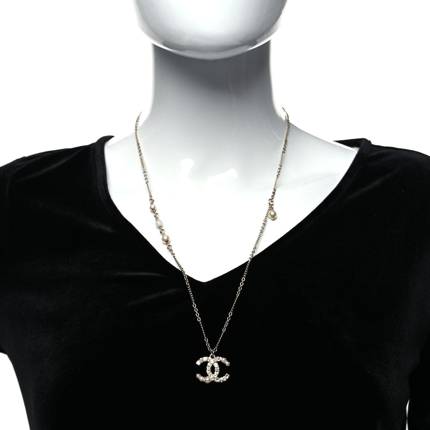 Pearl Crystal CC Drop Necklace Gold