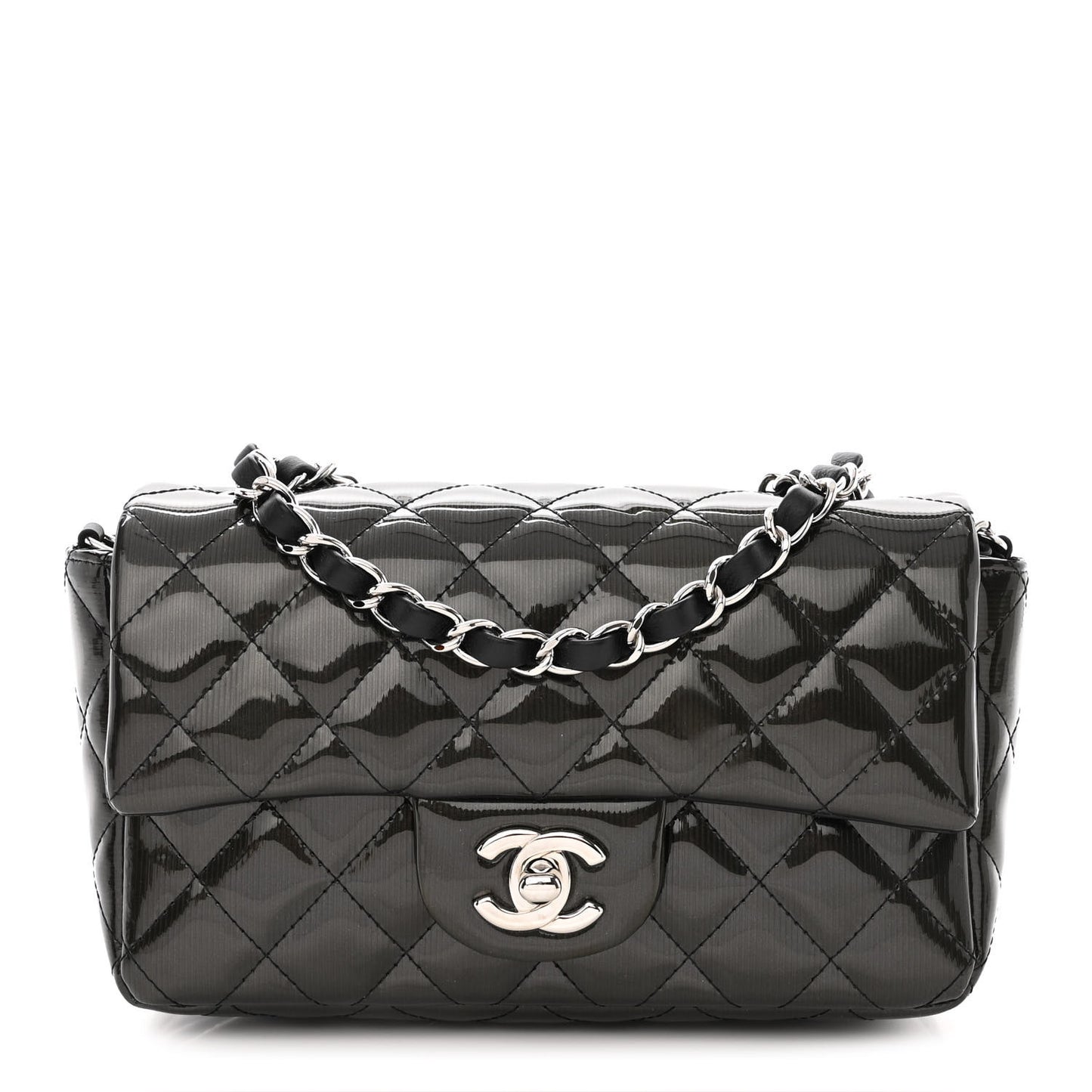 Striated Patent Quilted Mini Rectangular Flap Black