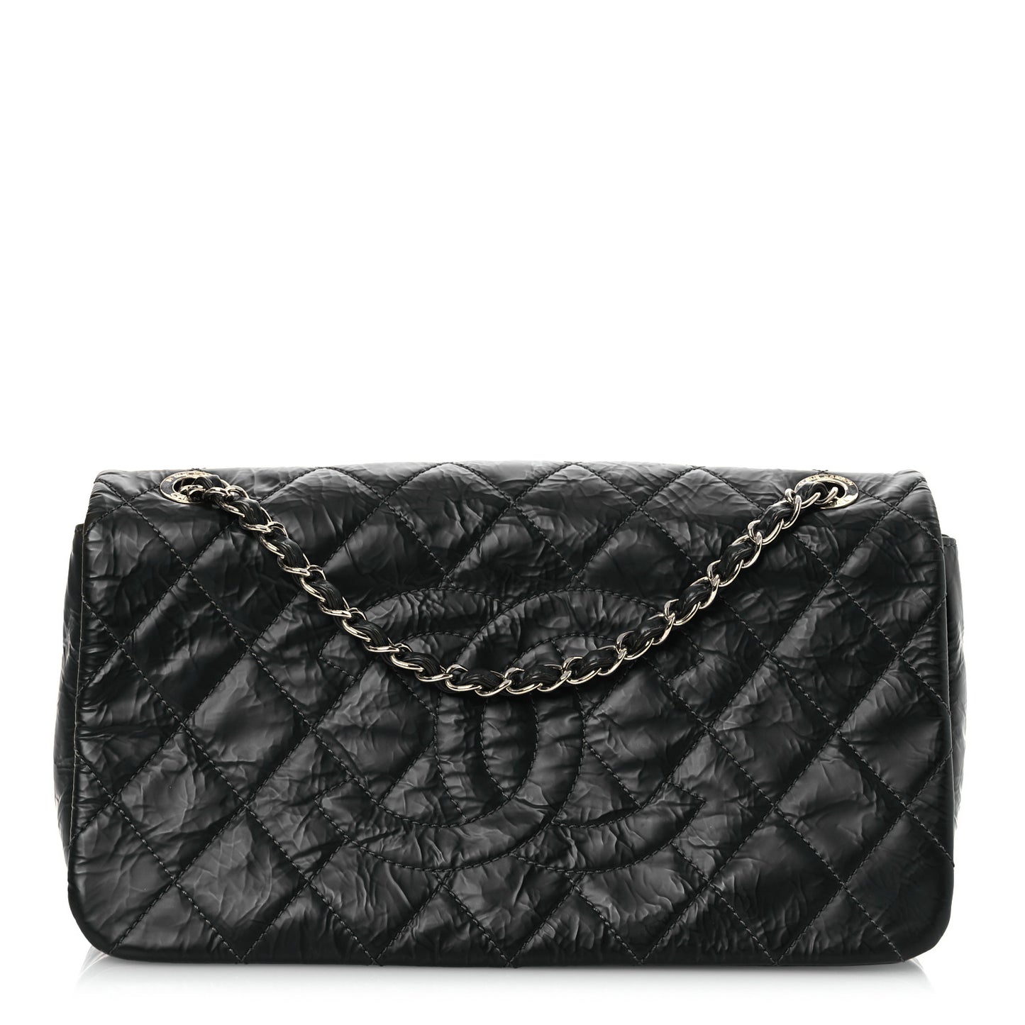 Glazed Calfskin Quilted CC Single Flap Black