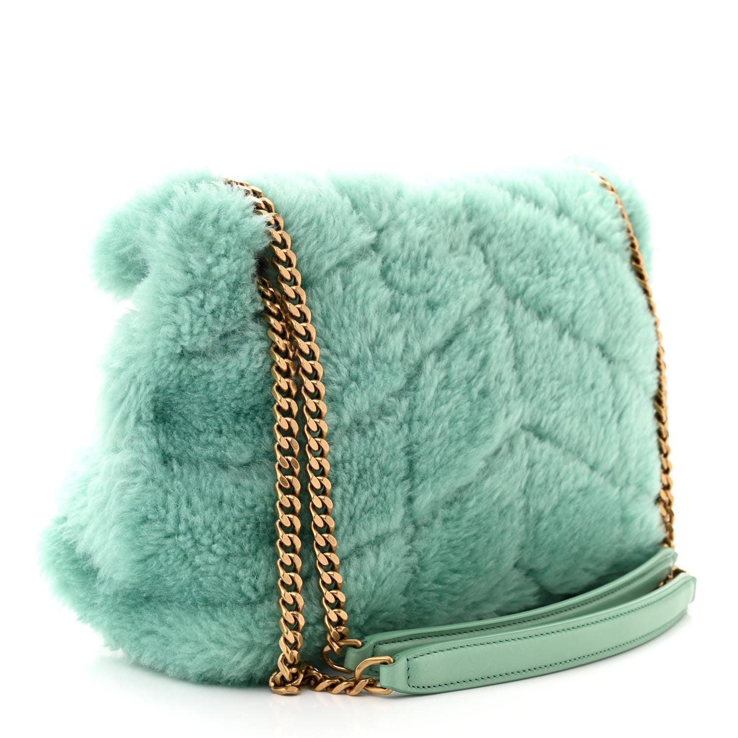 Saint Laurent Merino Shearling Lambskin Quilted Small Loulou Puffer Monogram Chain Satchel Iced Mint 3 of 10