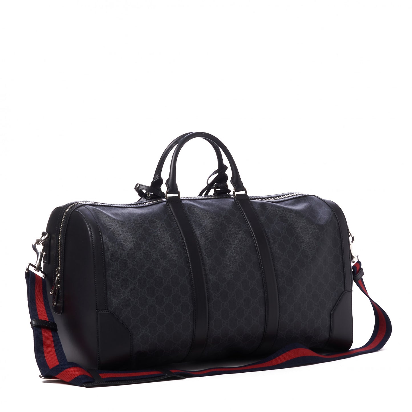 Soft GG Supreme Monogram Appia Calfskin Web Large Carry On Duffle Bag Black Grey