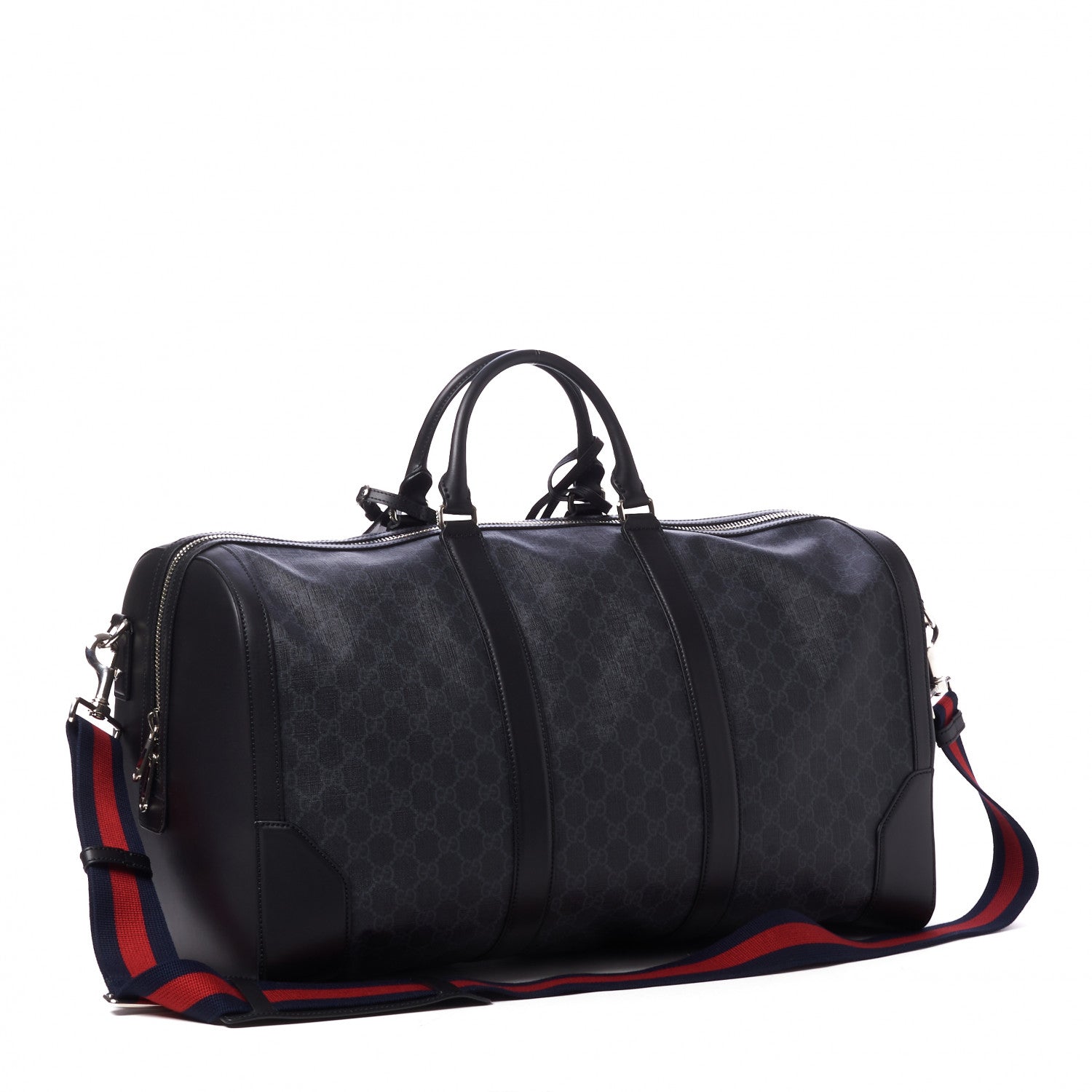 Gucci Soft GG Supreme Monogram Appia Calfskin Web Large Carry On Duffle Bag Black Grey 3 of 10