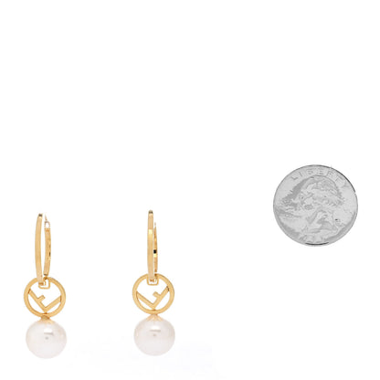 Fendi Metal Pearl Logo Hoop Drop Earrings Gold 2 of 5