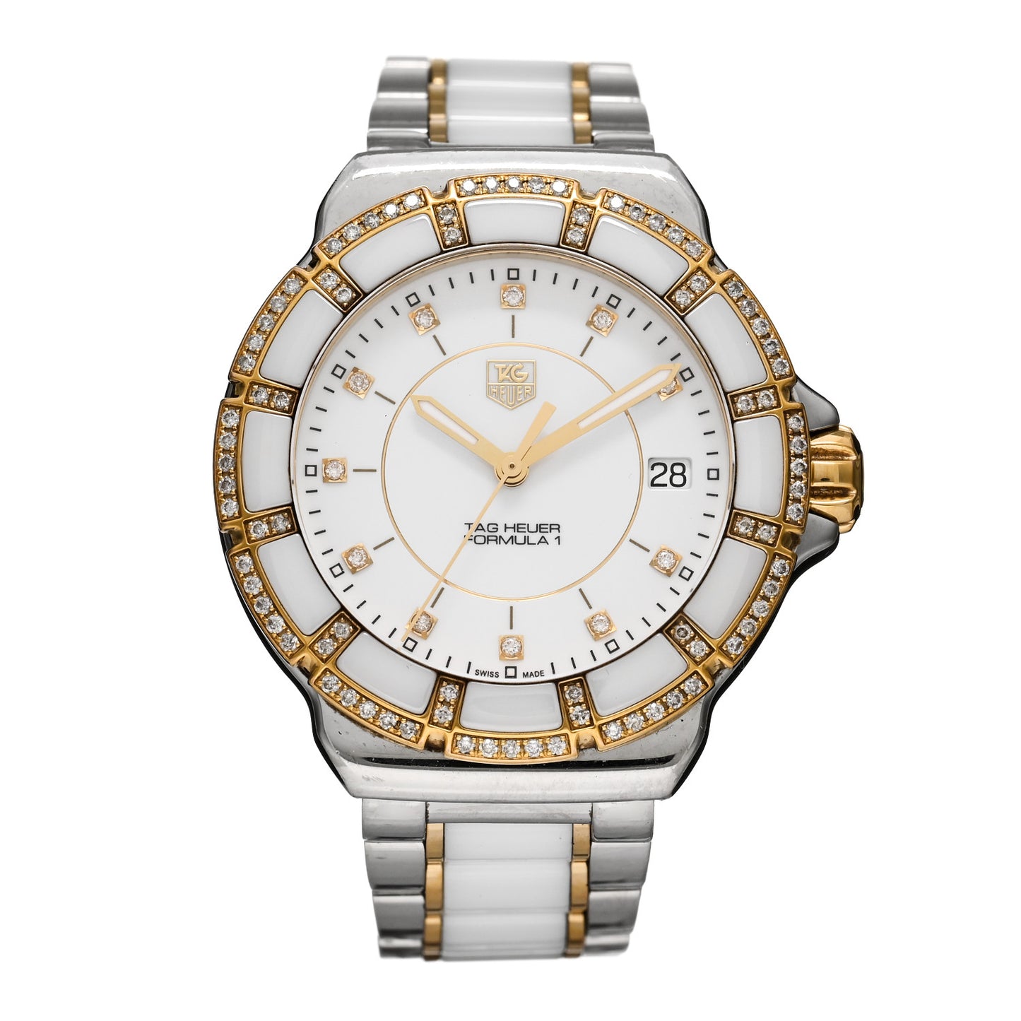 Stainless Steel 18K Yellow Gold Ceramic Diamond 34mm Formula 1 Quartz Watch White WAH1221