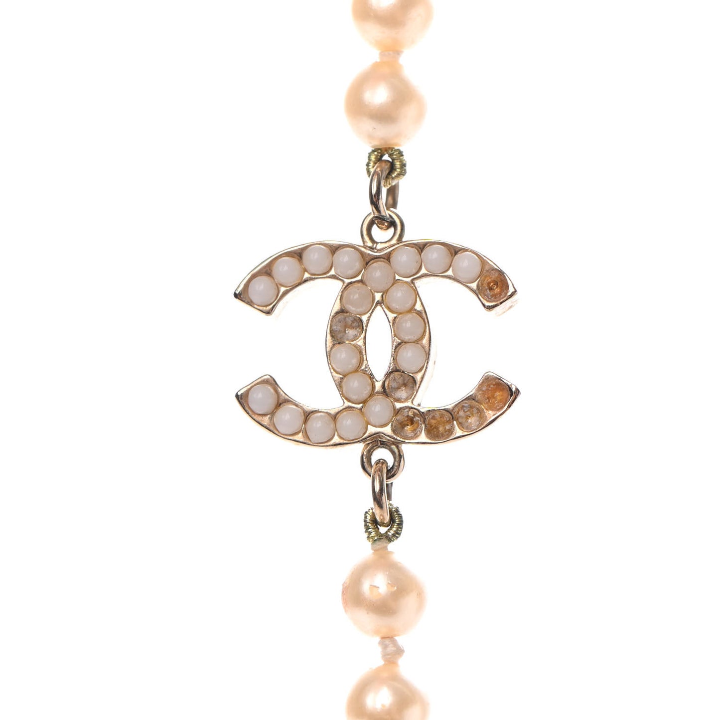 Graduated Pearl CC Long Necklace Light Gold