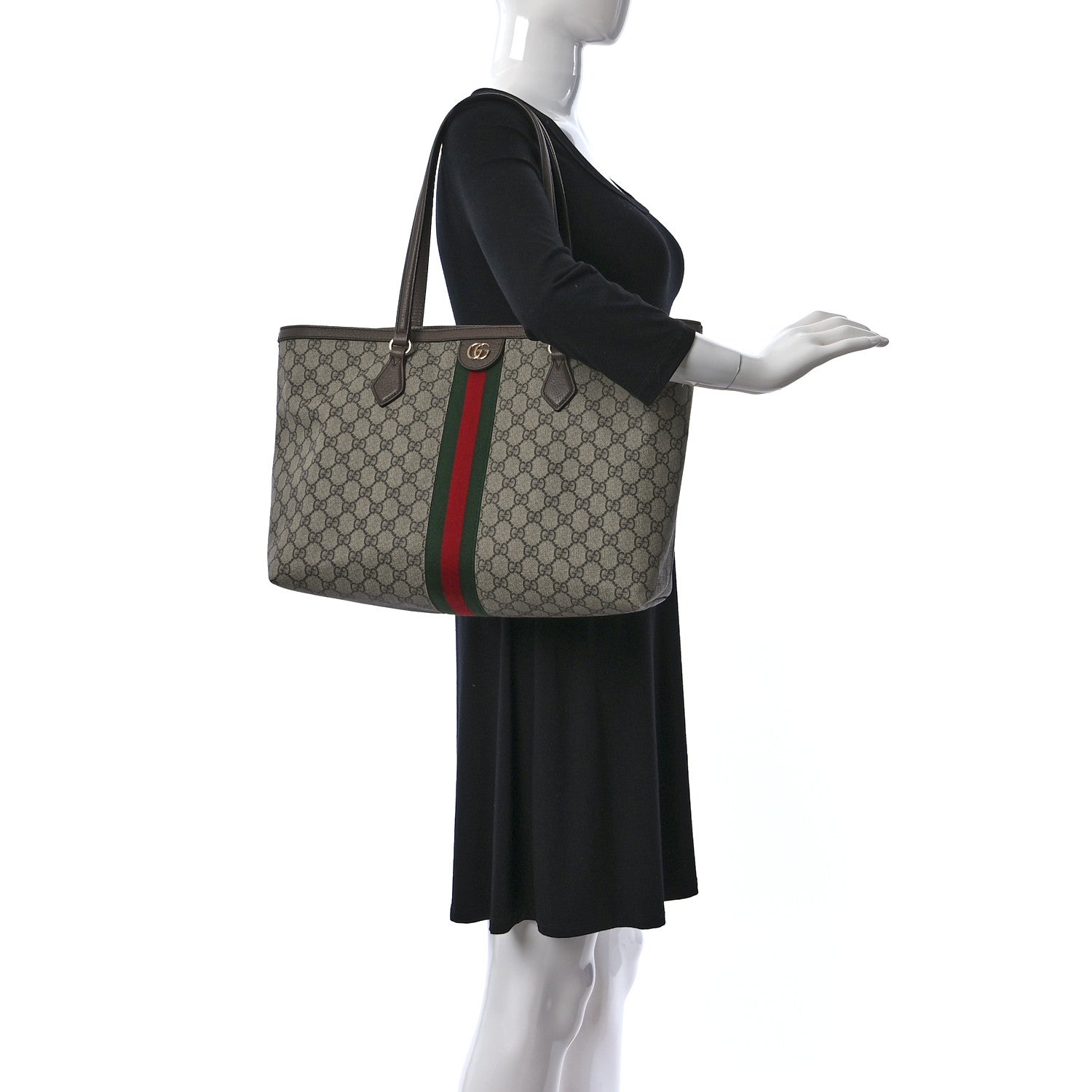 Gucci GG Supreme Monogram Textured Calfskin Web Medium Ophidia Shopping Tote Beige Ebony New Acero 3 of 9