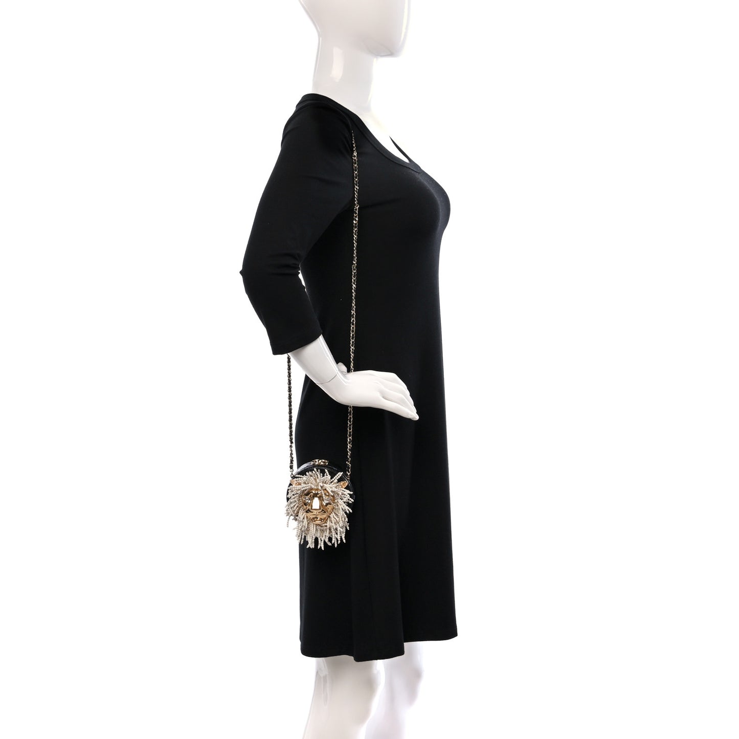 Lambskin Pearl Crystal Lion Round Minaudiere Clutch Black Gold