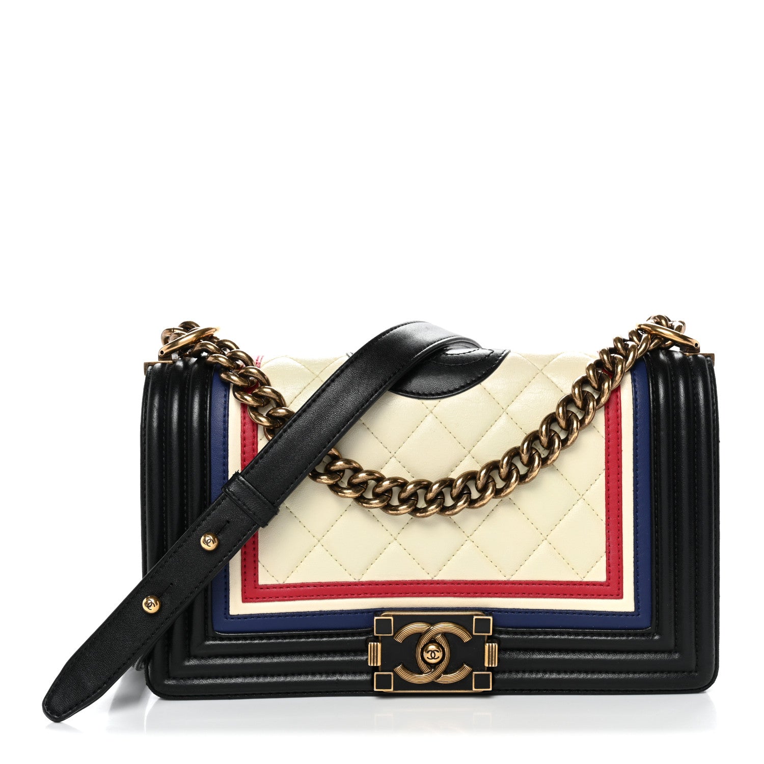 Chanel Lambskin Quilted Crest Embellished Medium Boy Flap Black White Blue 1 of 14