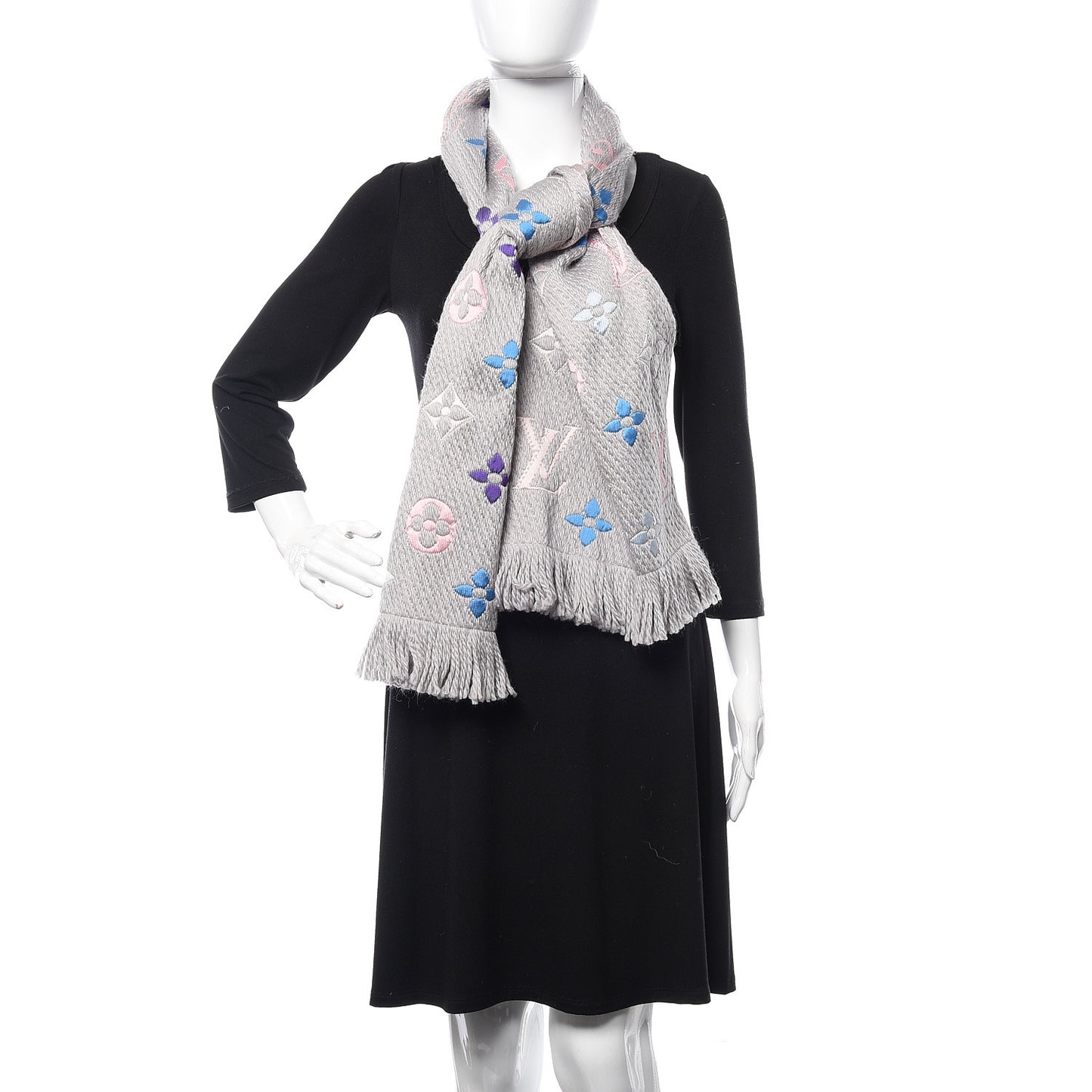 Wool Silk Rainbow Logomania Scarf Pearl Grey