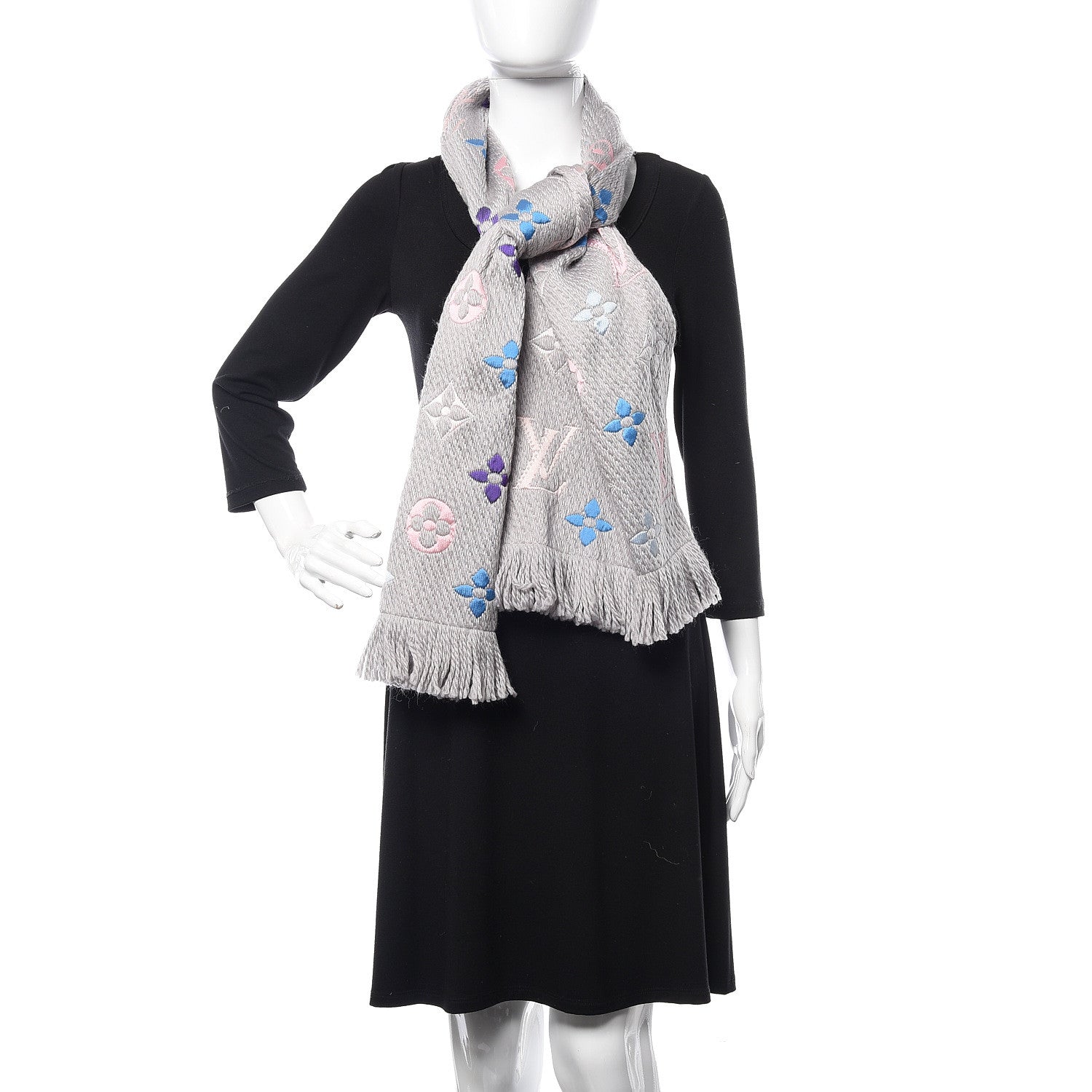 Louis Vuitton Wool Silk Rainbow Logomania Scarf Pearl Grey 2 of 5