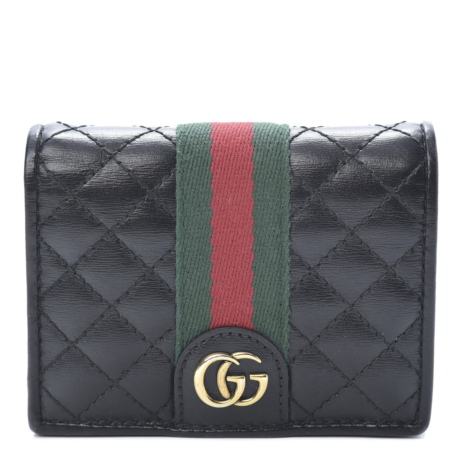 Gucci Calfskin Web Trapuntata GG Marmont Card Case Wallet Black 1 of 9