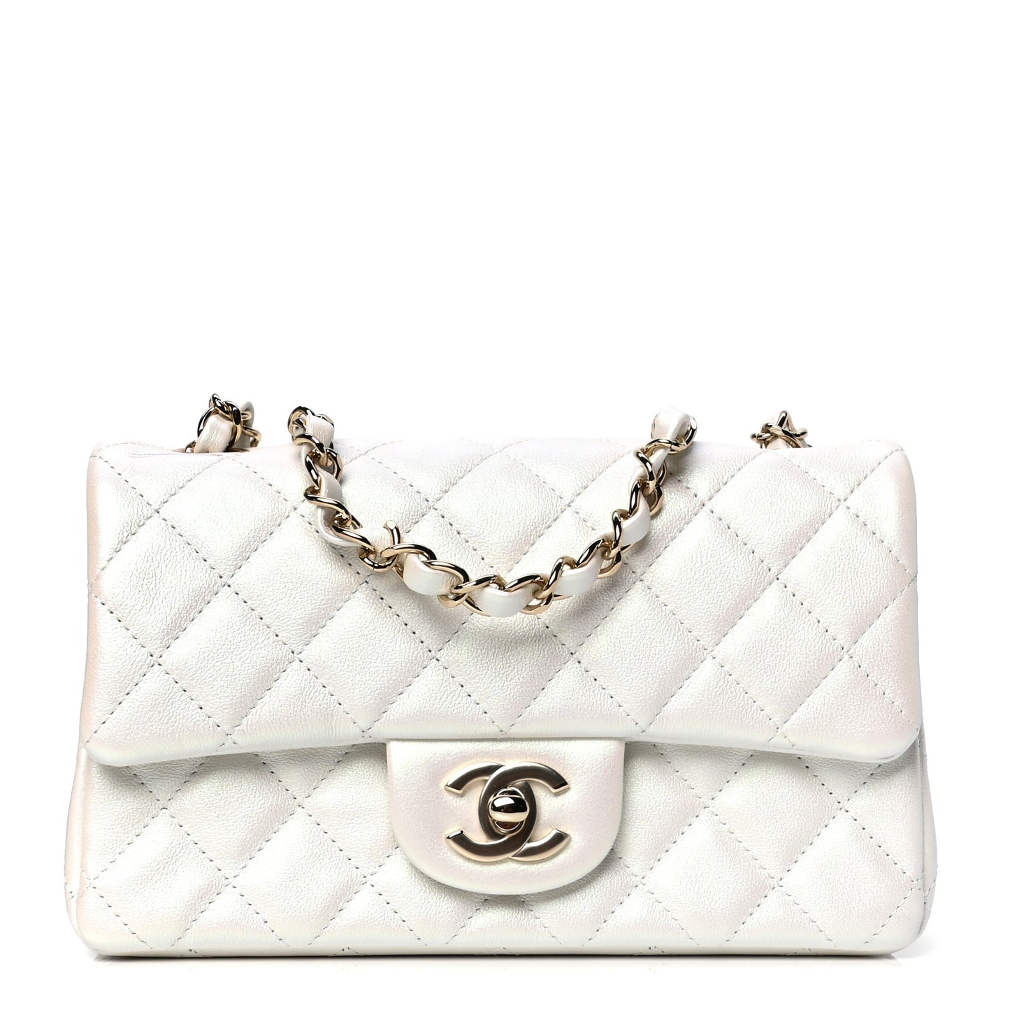 Iridescent Calfskin Quilted Mini Rectangular Flap White