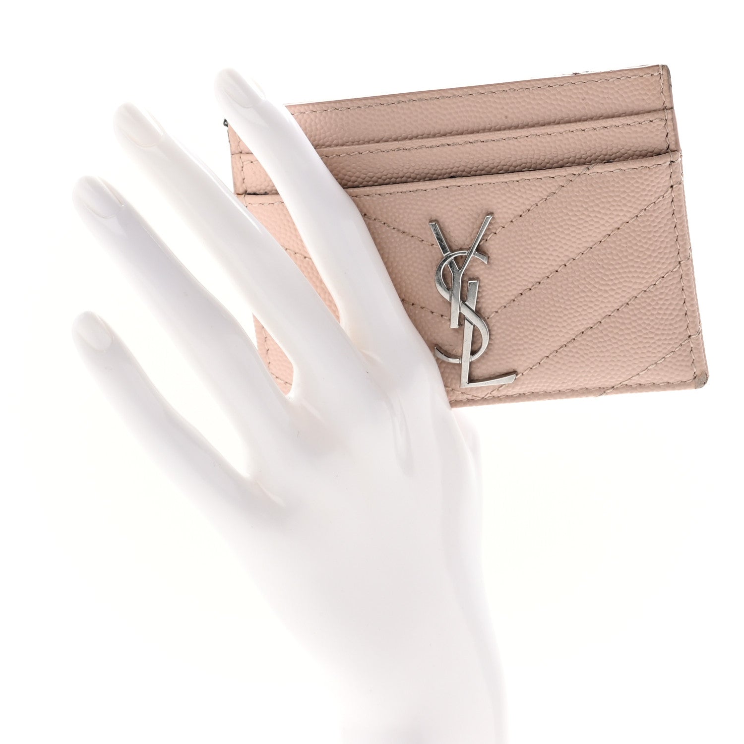 Saint Laurent Grain De Poudre Matelasse Chevron Monogram Credit Card Case Pale Pink 2 of 9