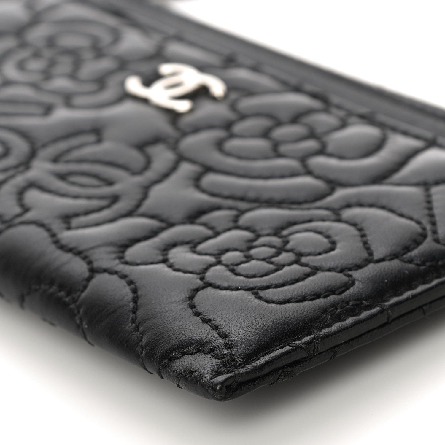 Chanel Lambskin Camellia Embossed Classic Zip Pouch Black 10 of 10