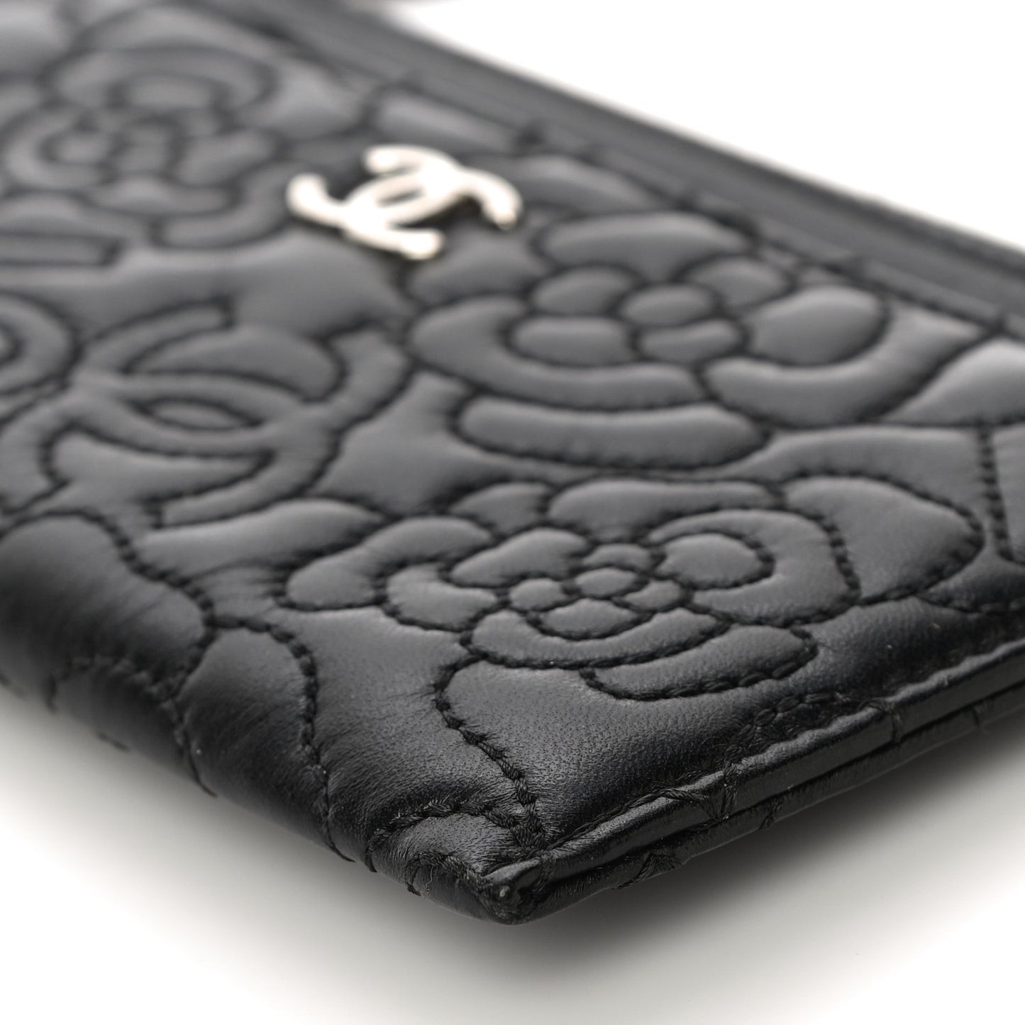 Lambskin Camellia Embossed Classic Zip Pouch Black