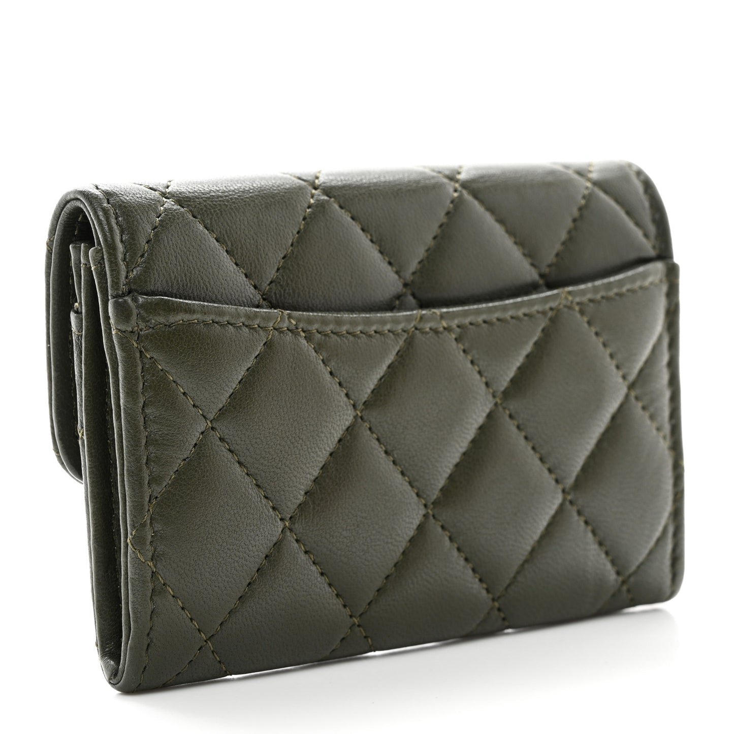 Lambskin Quilted Flap Card Holder Wallet Khaki