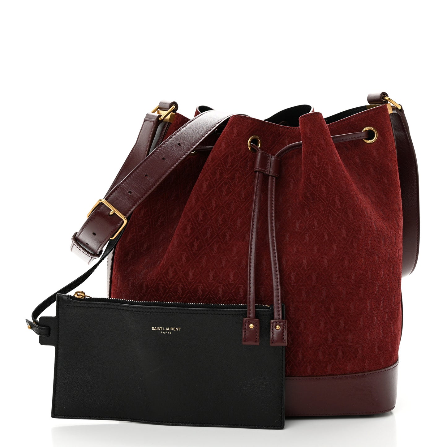 Suede All-Over Monogram Bucket Bag Burgundy