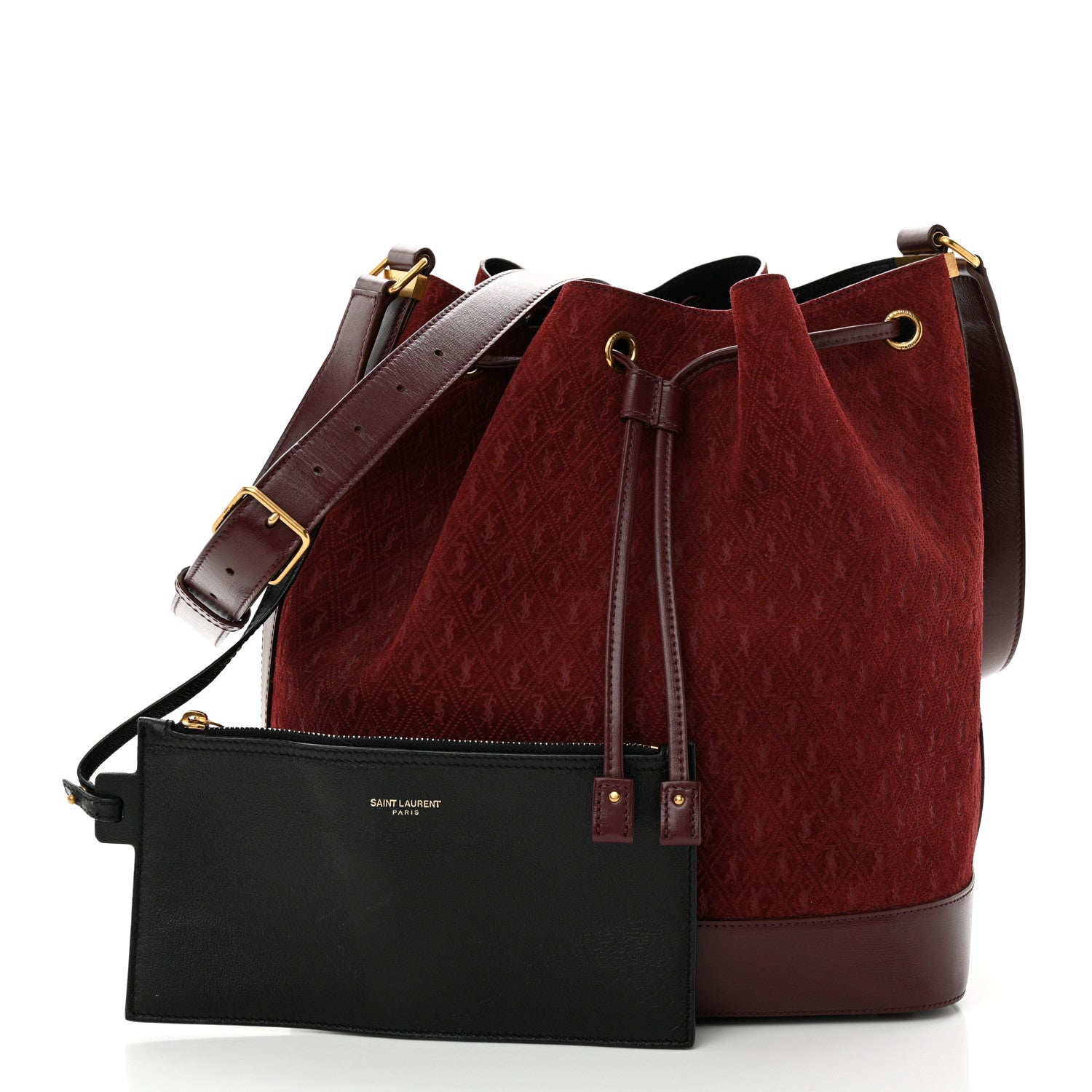 Saint Laurent Suede All-Over Monogram Bucket Bag Burgundy 3 of 10