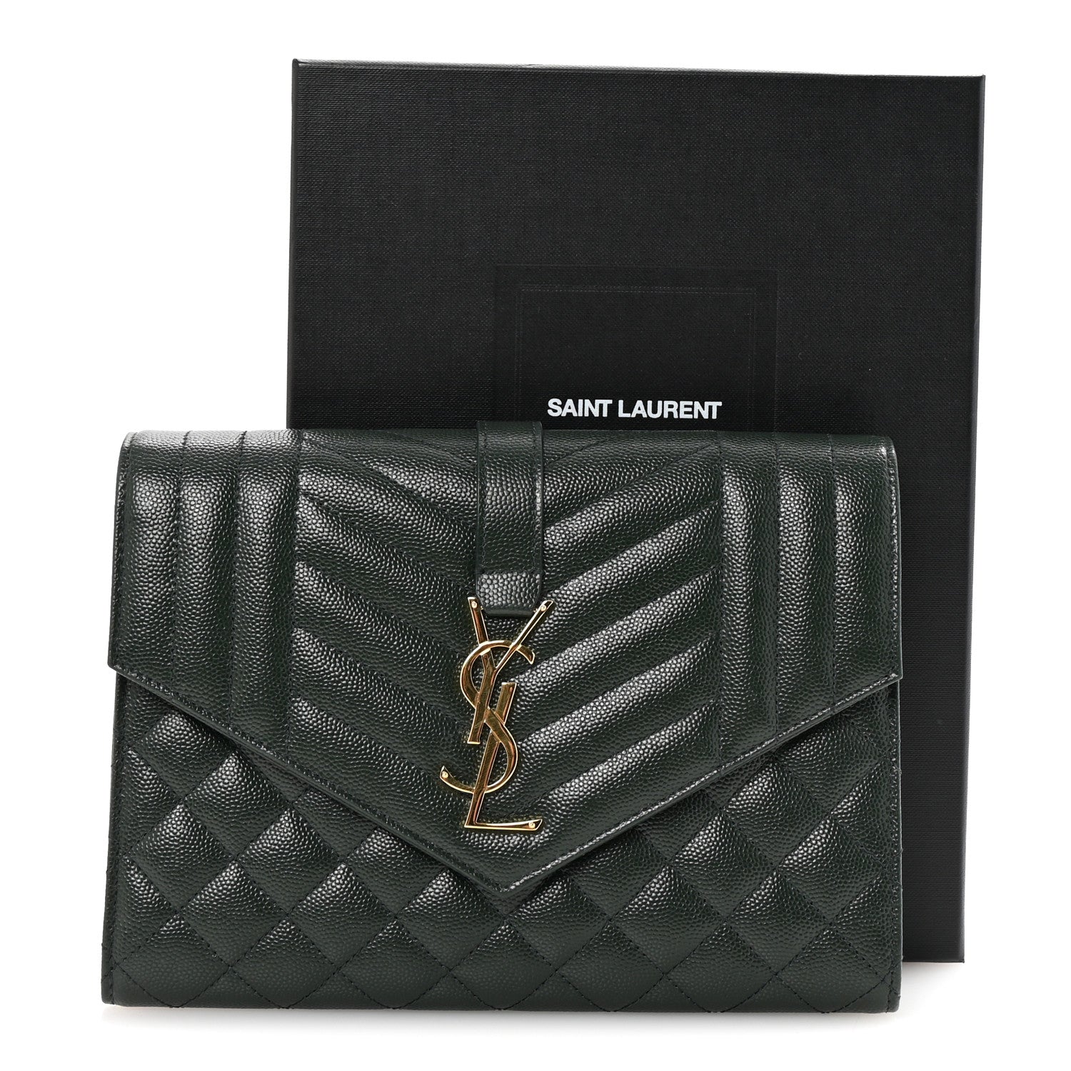 Saint Laurent Grain De Poudre Textured Mixed Matelasse Triquilt Monogram Clutch Vert Fonce 8 of 8
