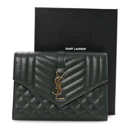 Saint Laurent Grain De Poudre Textured Mixed Matelasse Triquilt Monogram Clutch Vert Fonce 8 of 8