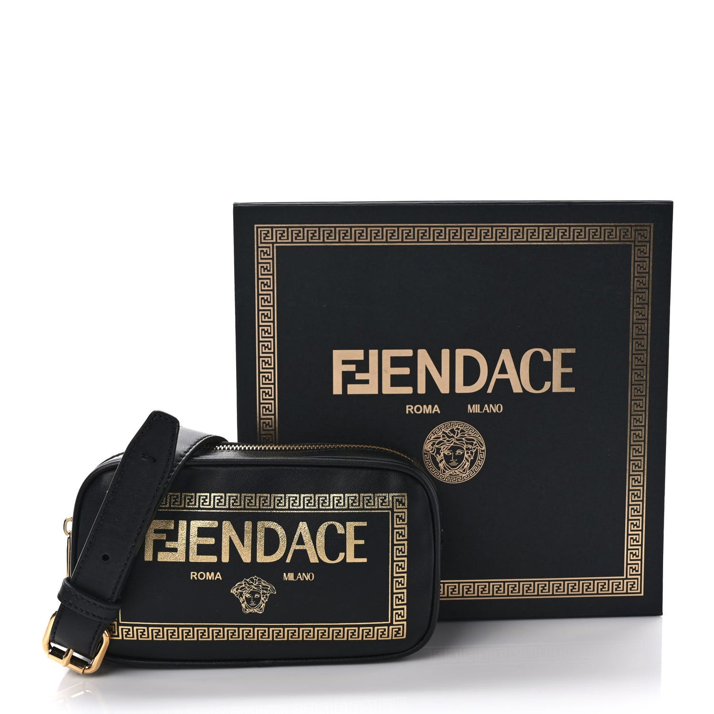 X VERSACE Vitello Cover Fendace Medusa Small Camera Case Black Gold